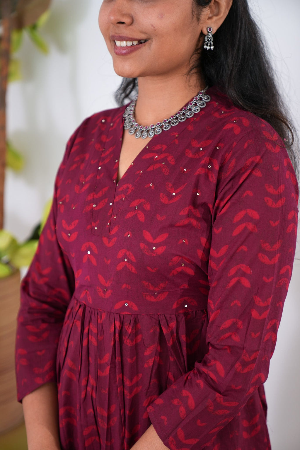 Red v neck anarkali cotton kurta