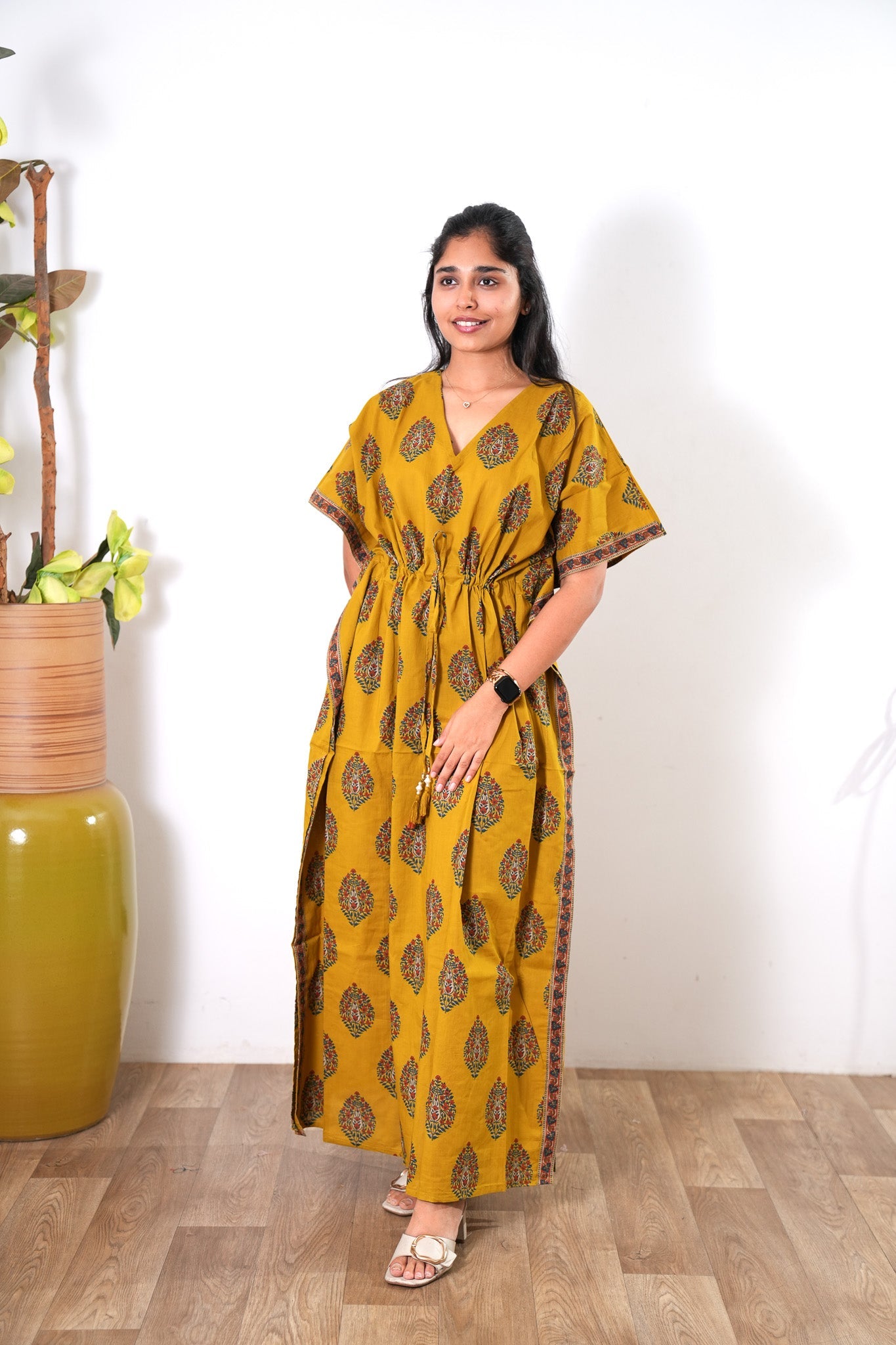 Mustard butta cotton kaftan
