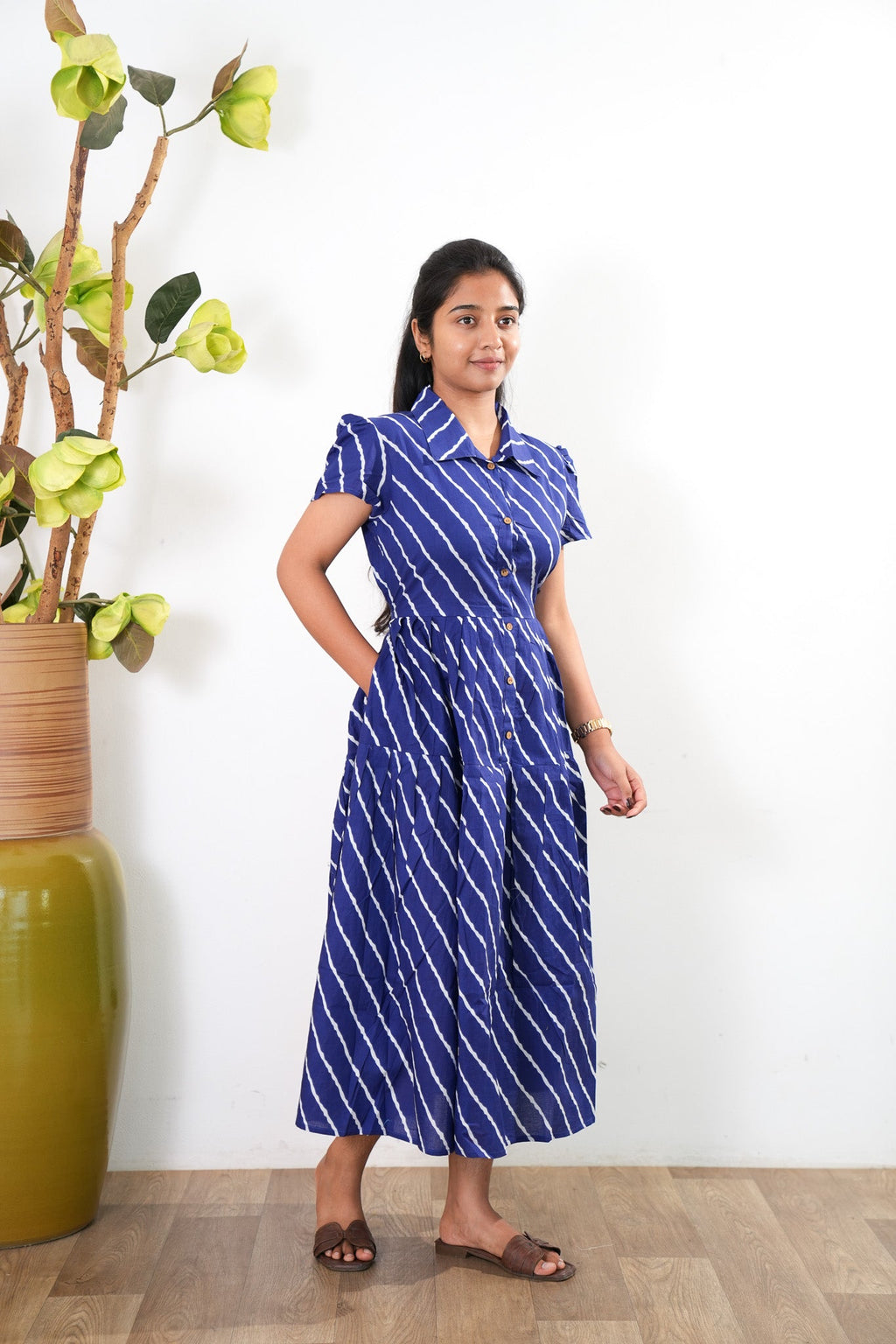 Navy stripes cotton button down shirt dress