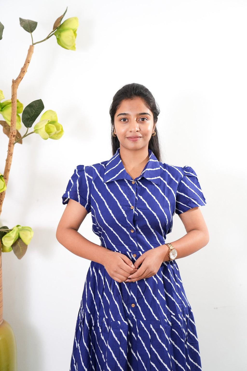 Navy stripes cotton button down shirt dress