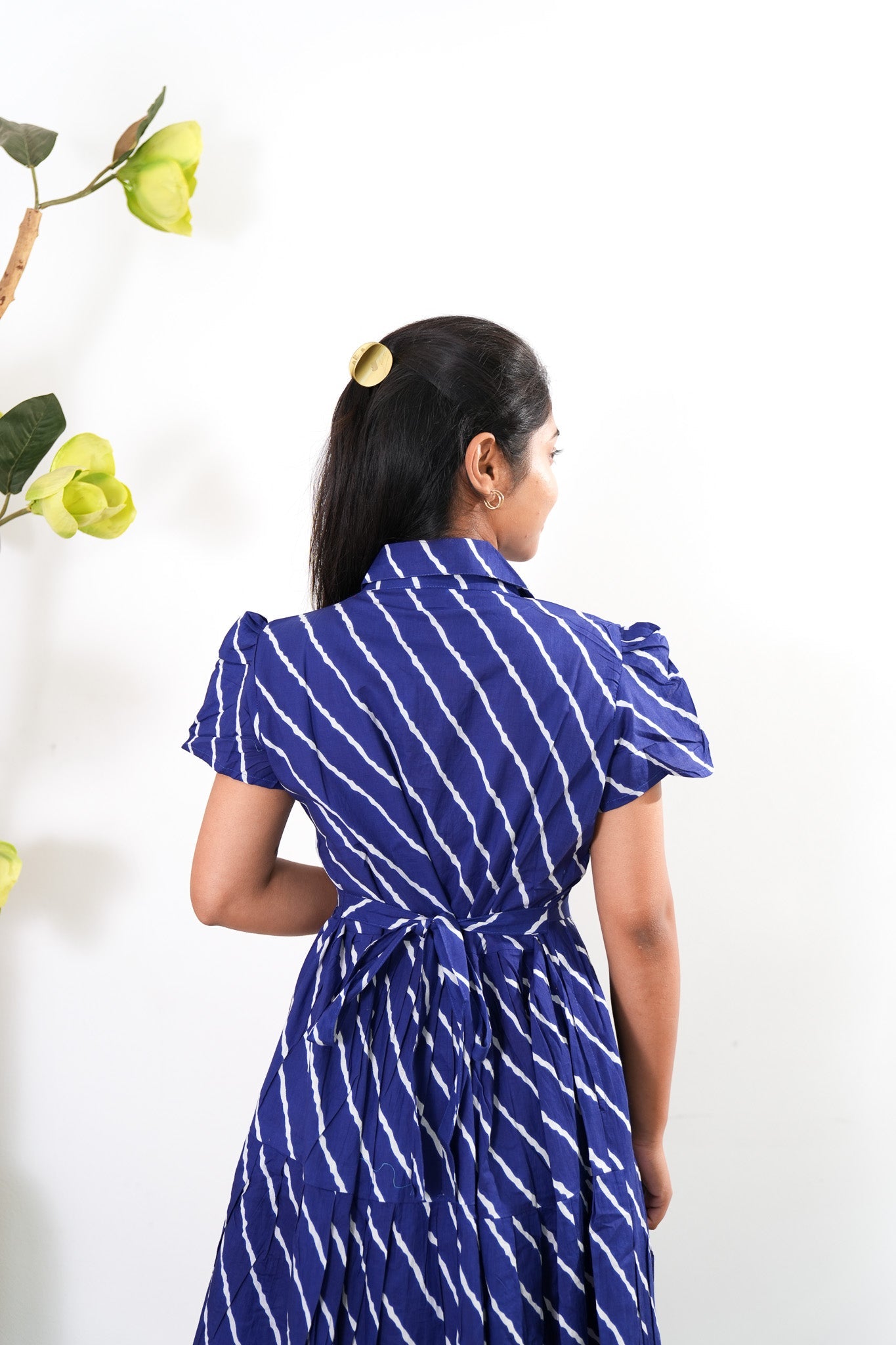 Navy stripes cotton button down shirt dress