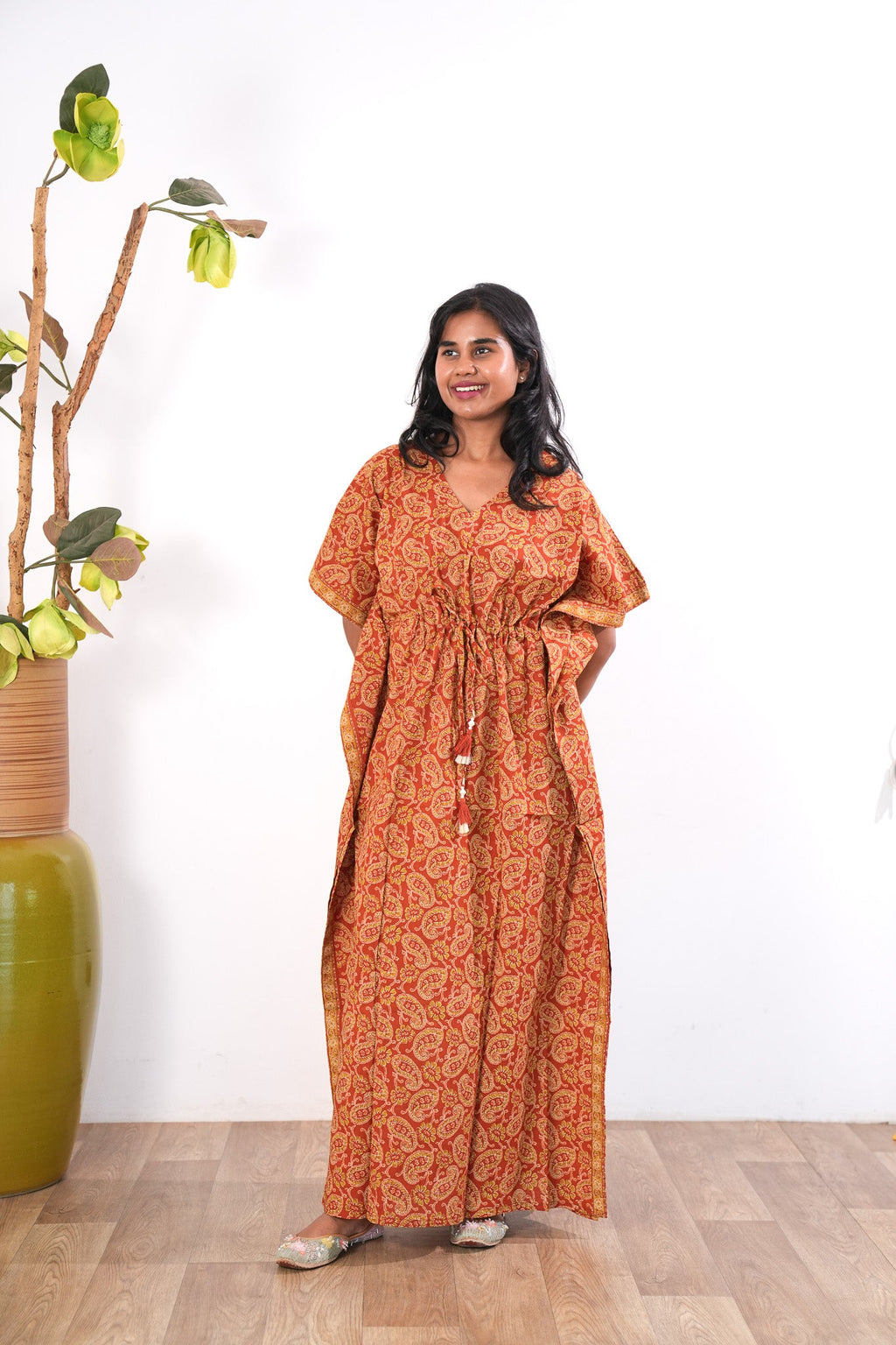Brick red paisley cotton kaftan