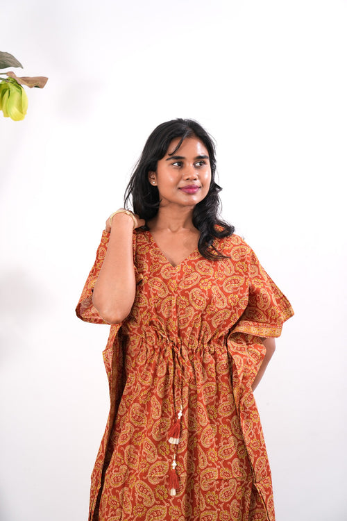 Brick red paisley cotton kaftan
