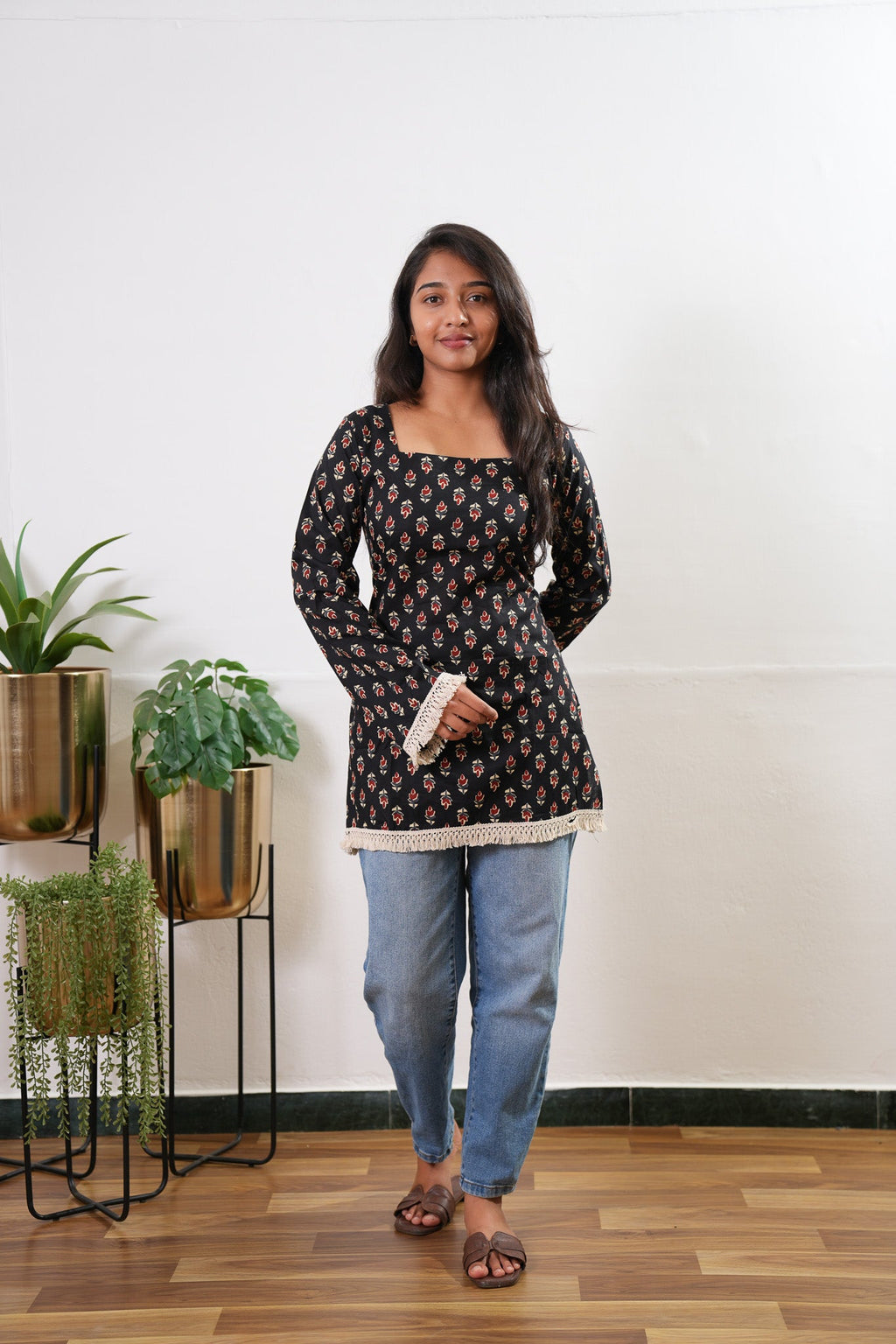 Black cotton corset tassel kurti