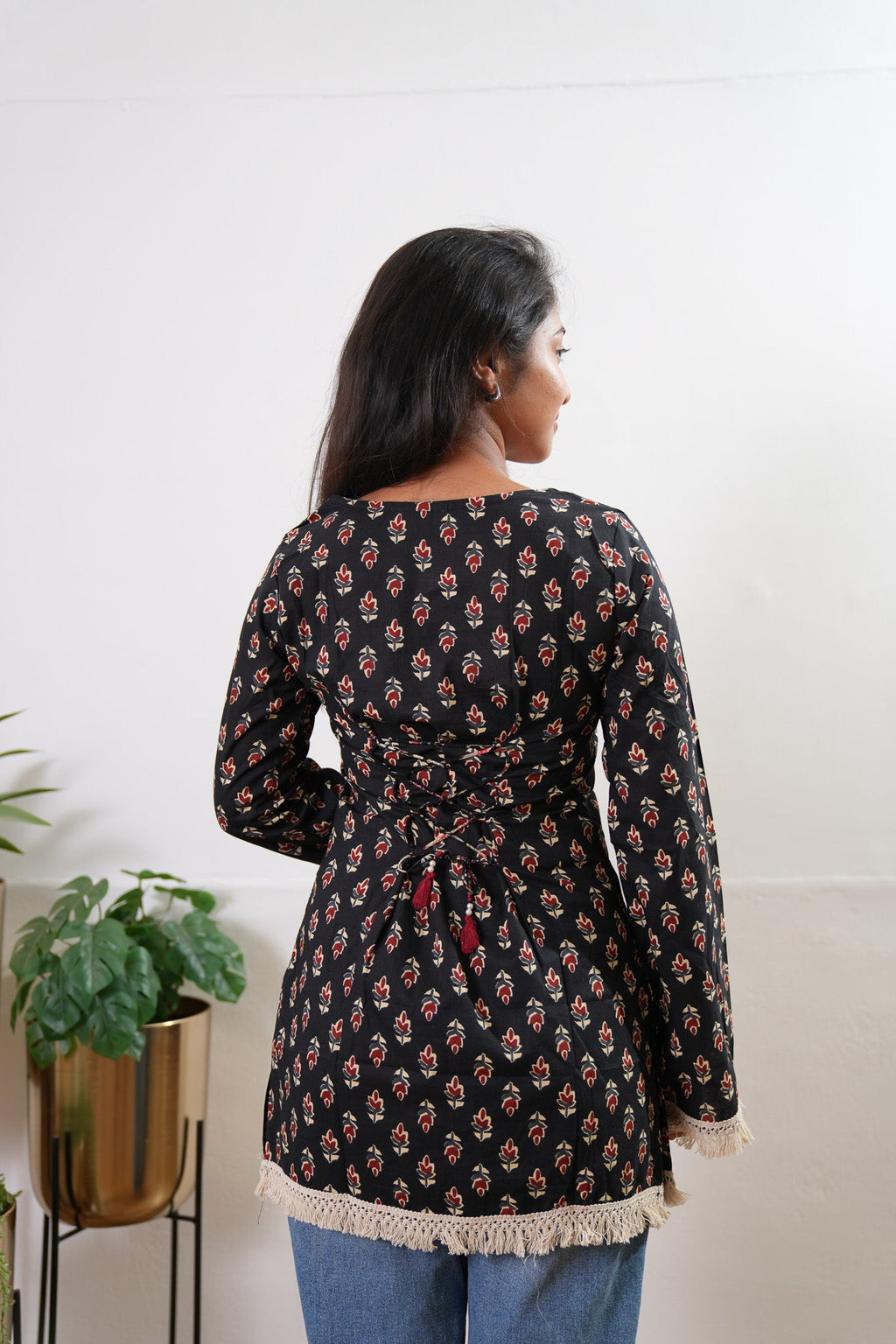 Black cotton corset tassel kurti