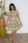 Grey with pink floral cotton short dress
