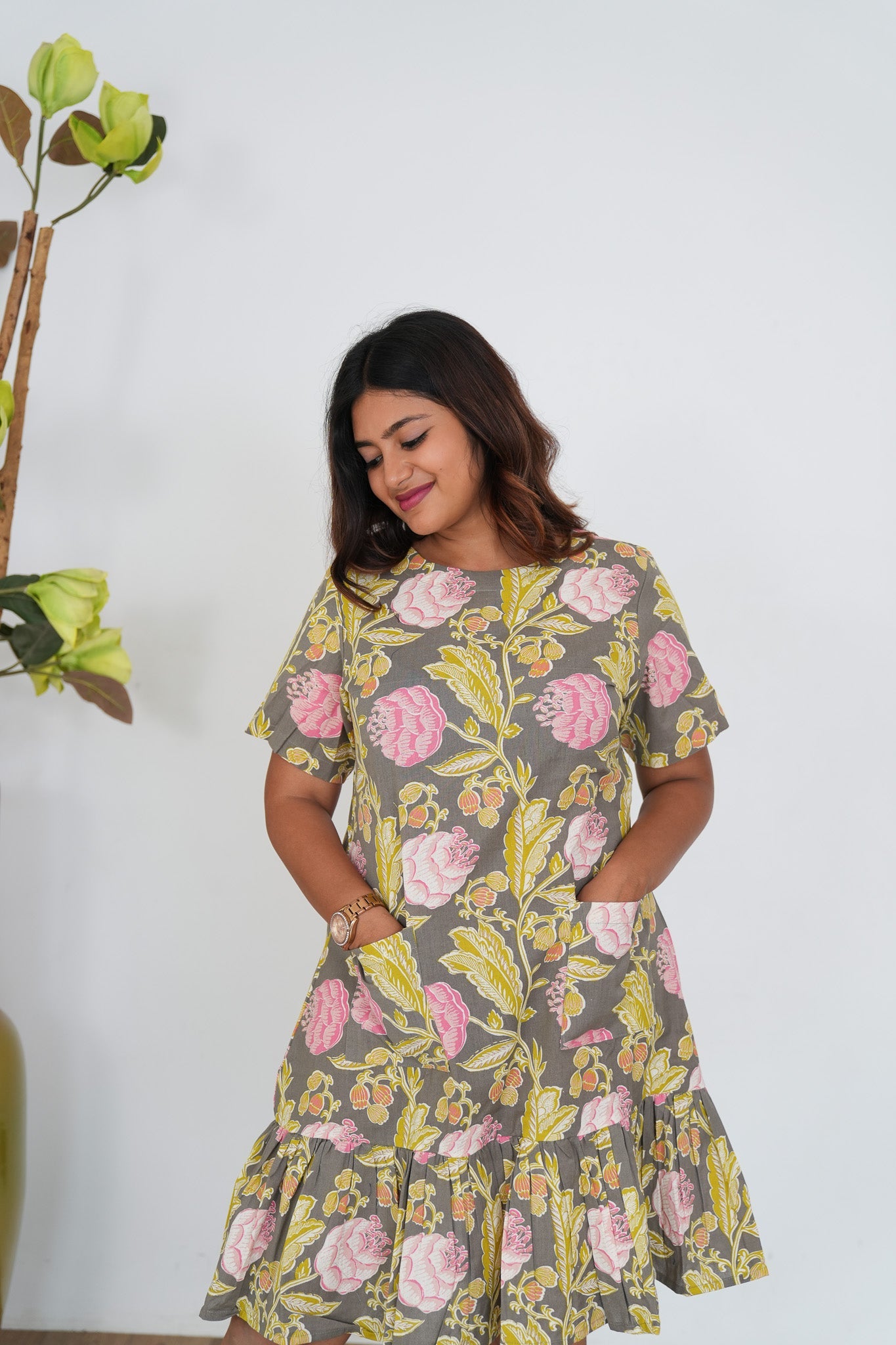 Grey with pink floral cotton short dress