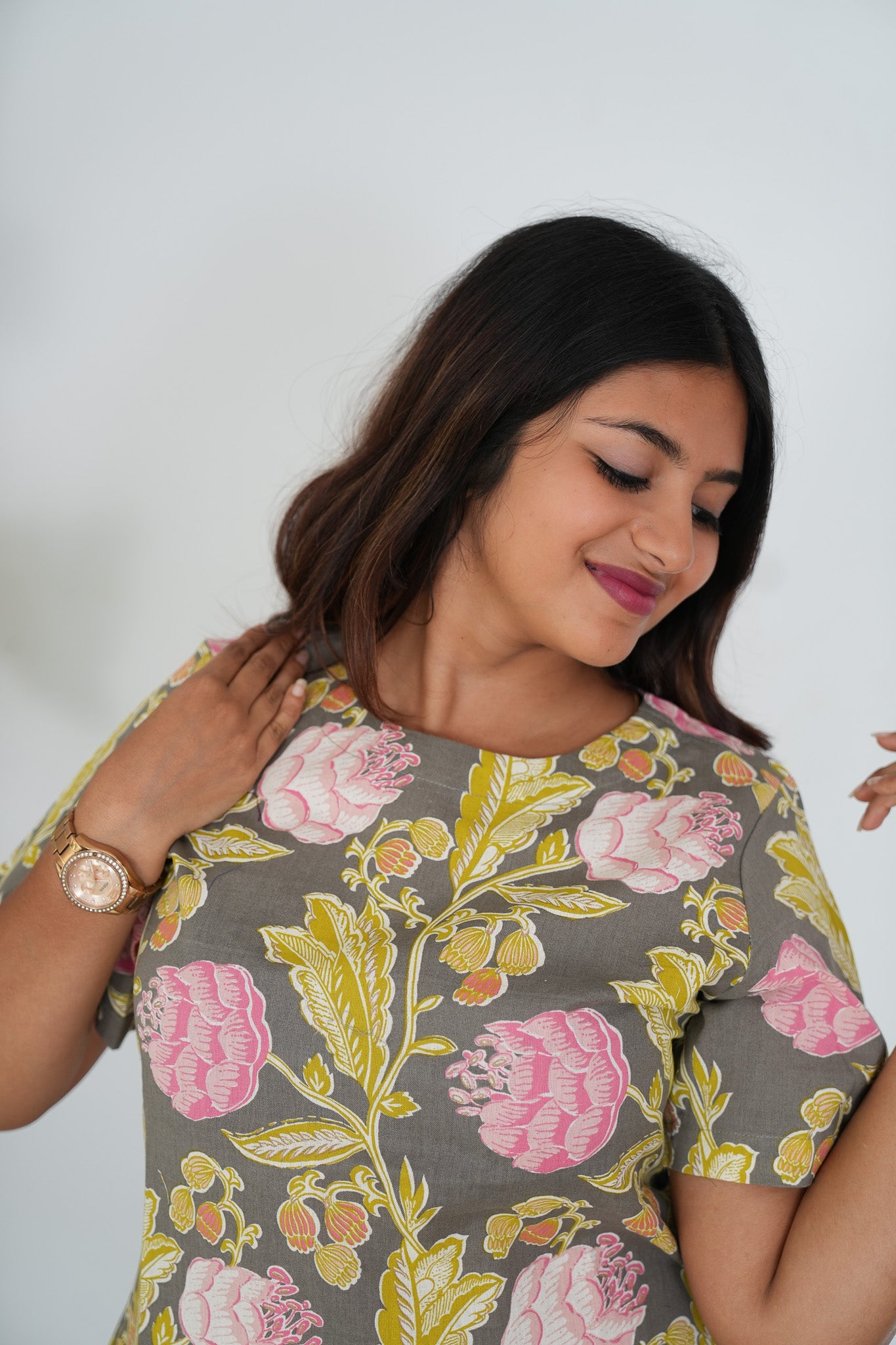 Grey with pink floral cotton short dress