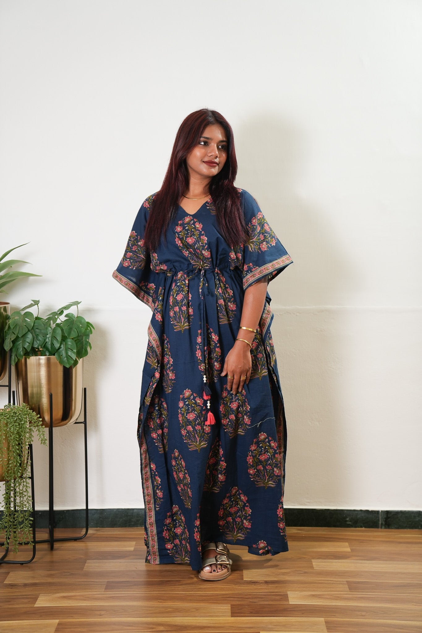 Midnight blue floral cotton kaftan
