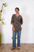V neck cotton short kurti - Coffee