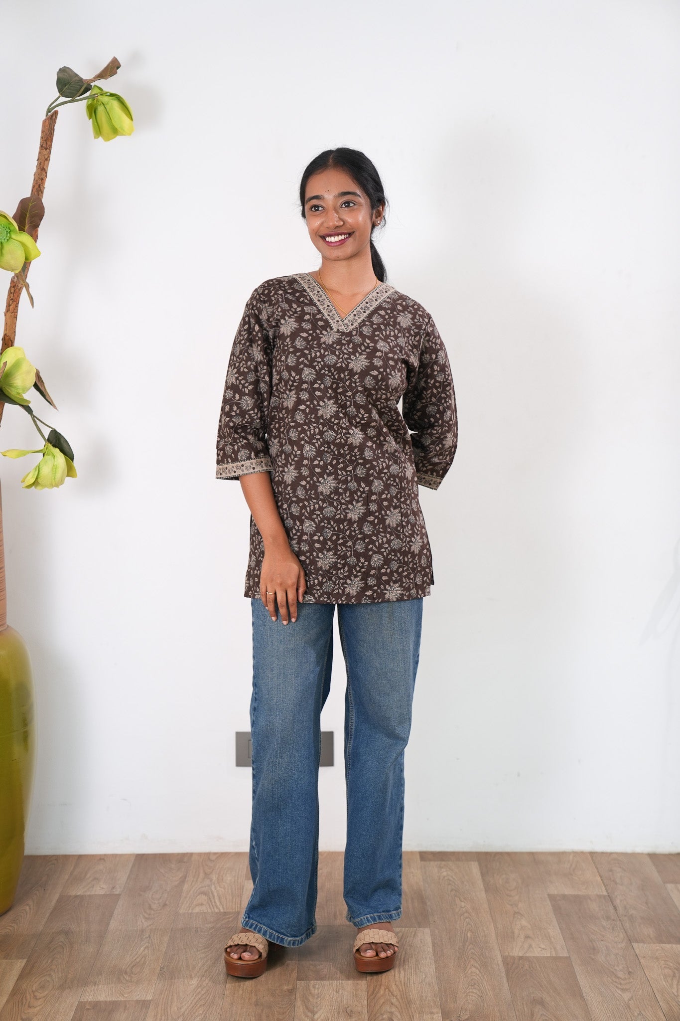 V neck cotton short kurti - Coffee