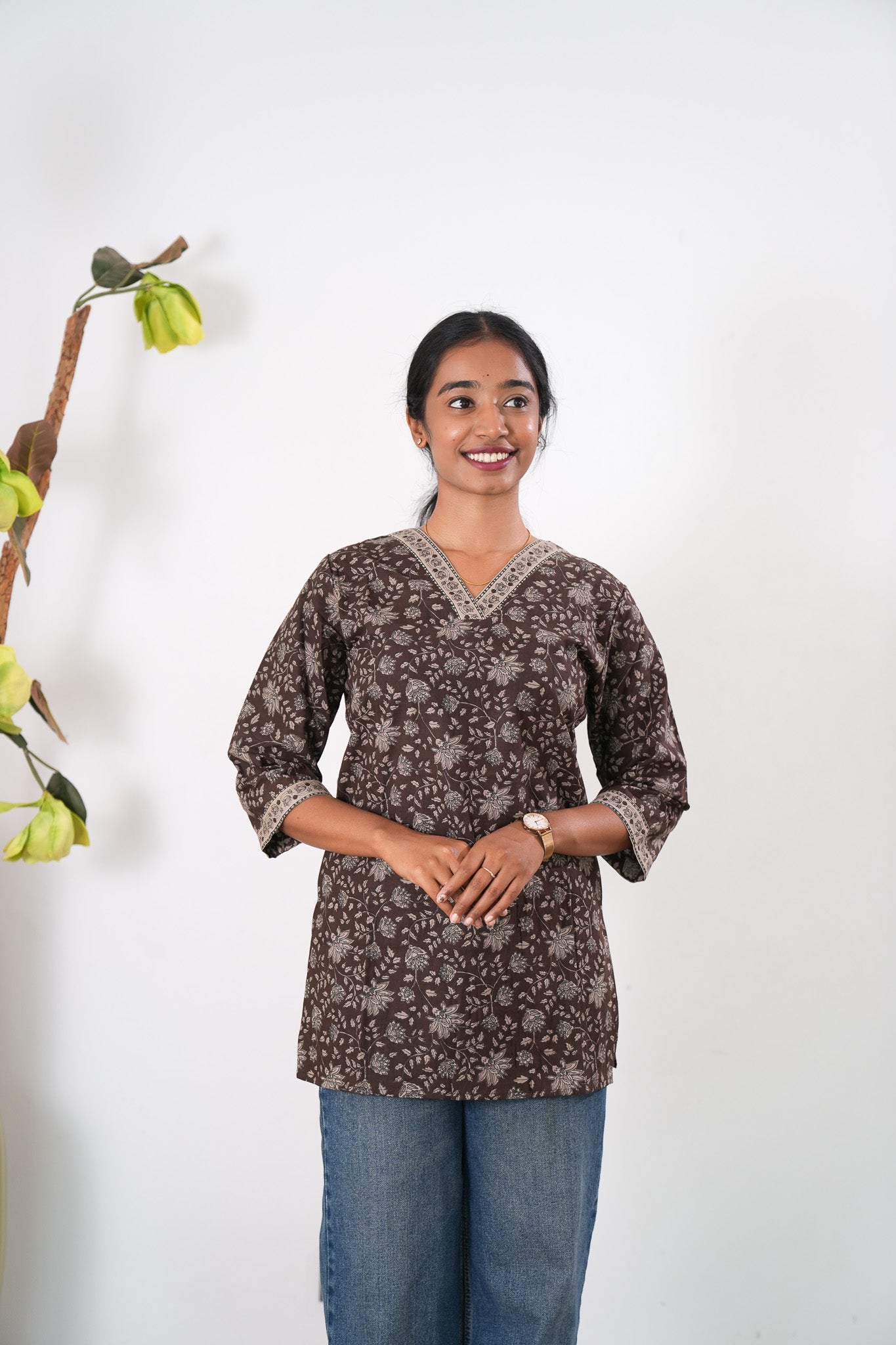 V neck cotton short kurti - Coffee