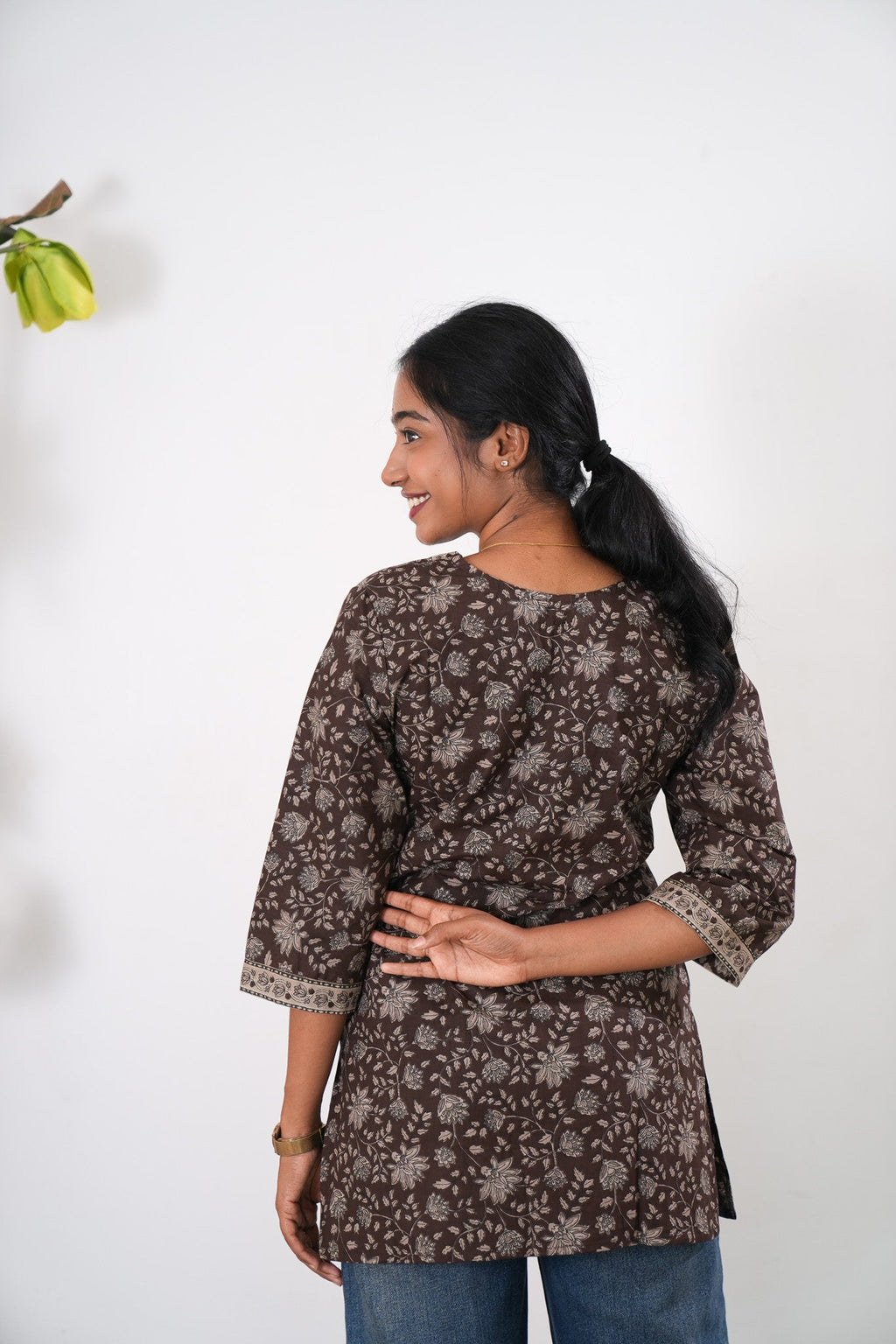 V neck cotton short kurti - Coffee