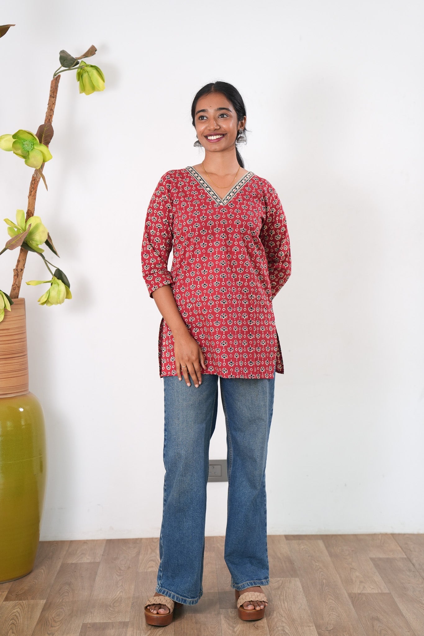 V neck cotton short kurti - Red ajrakh