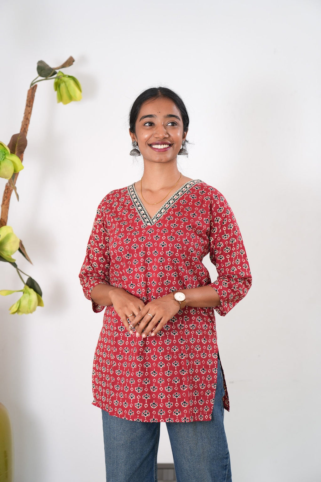 V neck cotton short kurti - Red ajrakh