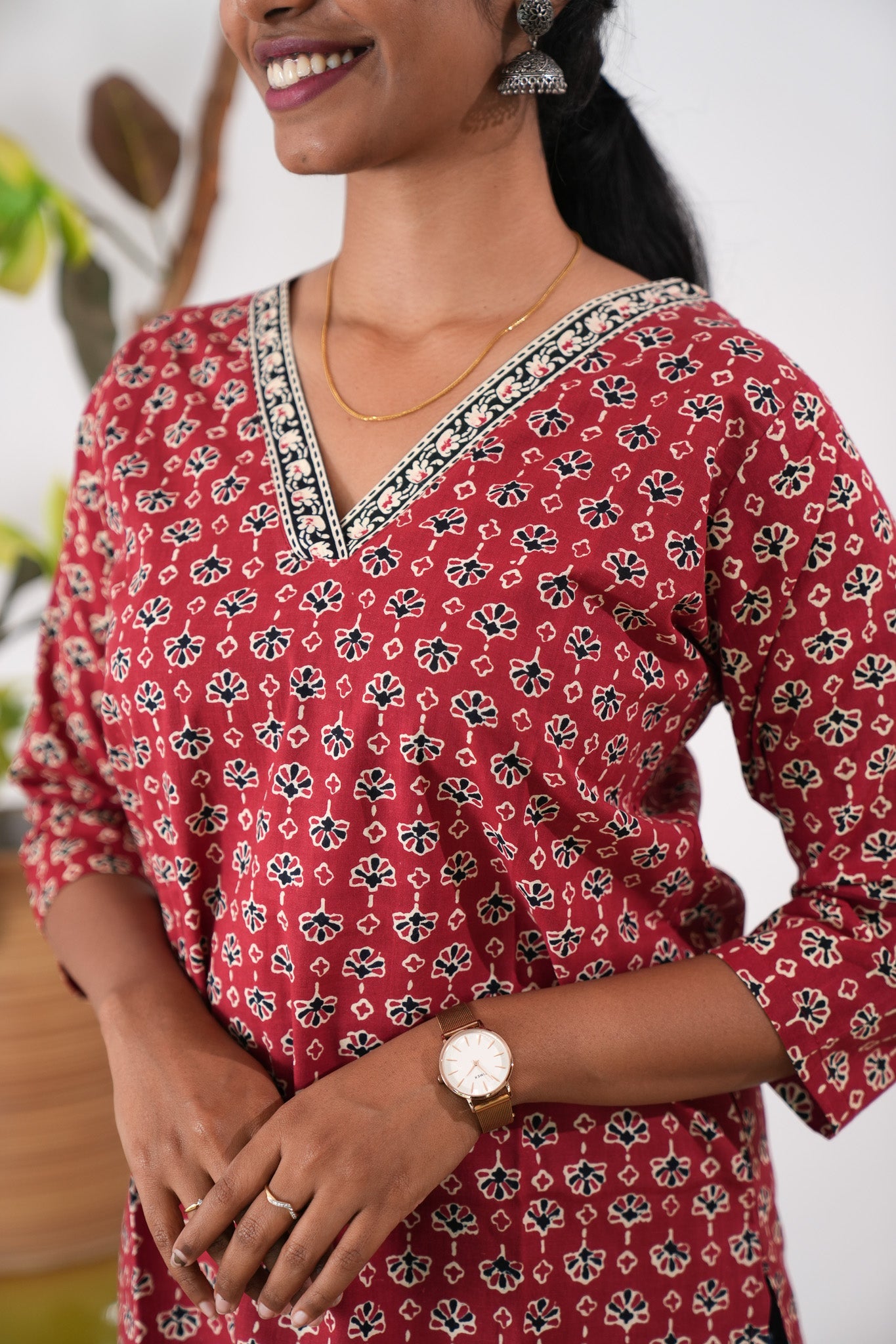 V neck cotton short kurti - Red ajrakh