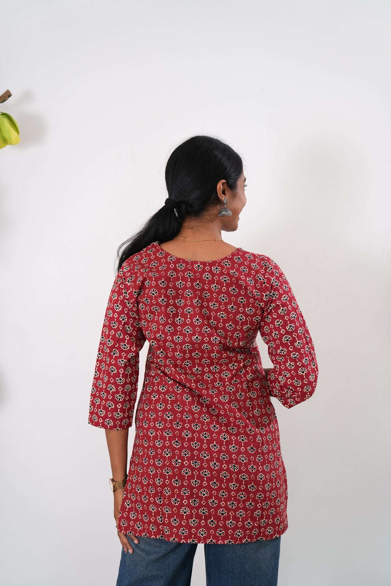V neck cotton short kurti - Red ajrakh