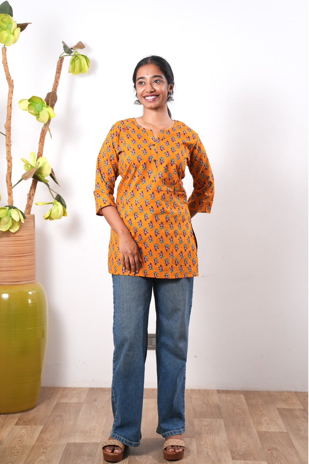 Round neck cotton short kurti - Caramel