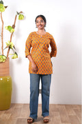 Round neck cotton short kurti - Caramel