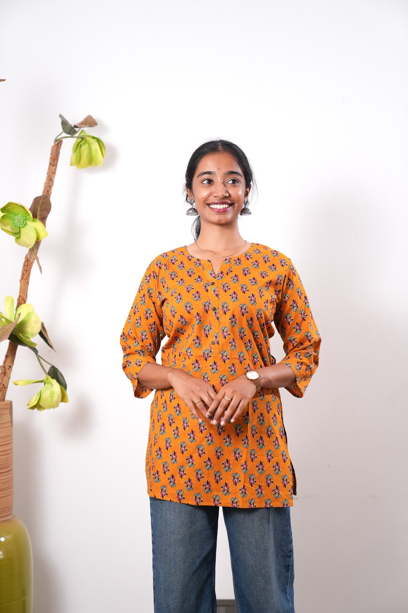 Round neck cotton short kurti - Caramel