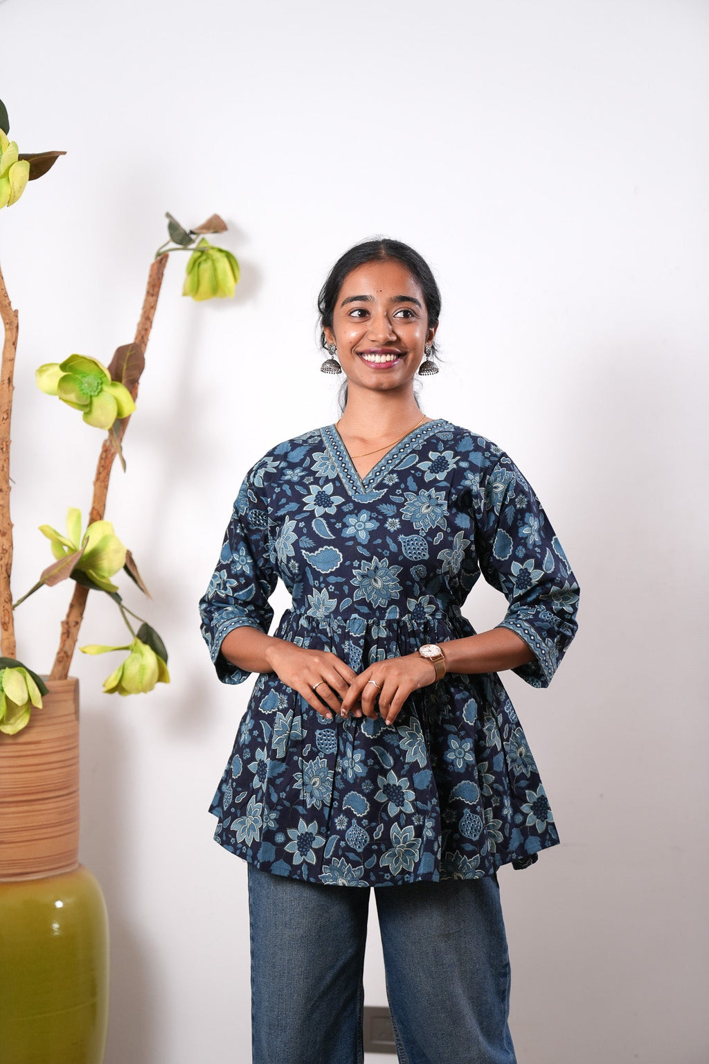 Peplum cotton short kurti - Blue flora