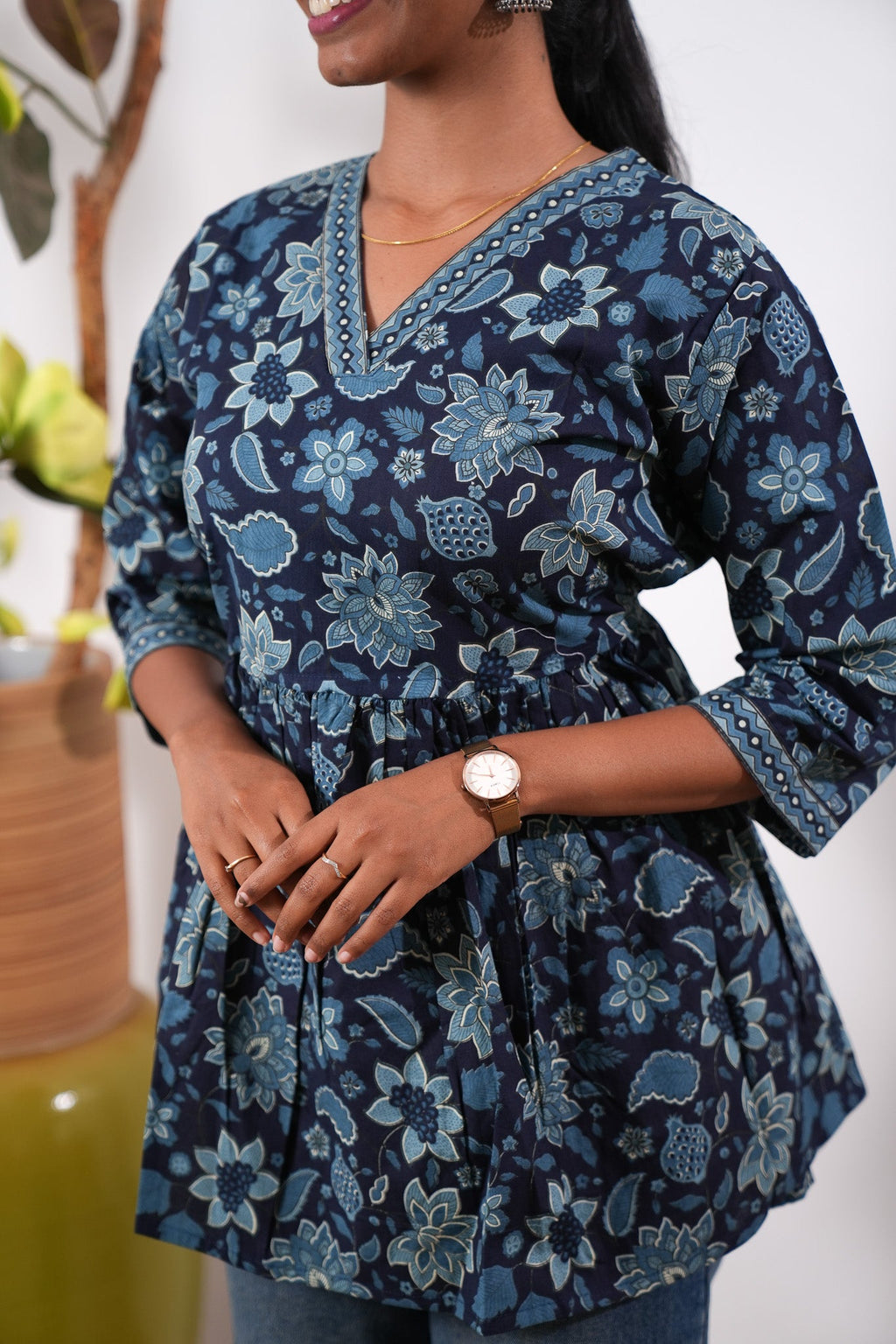 Peplum cotton short kurti - Blue flora