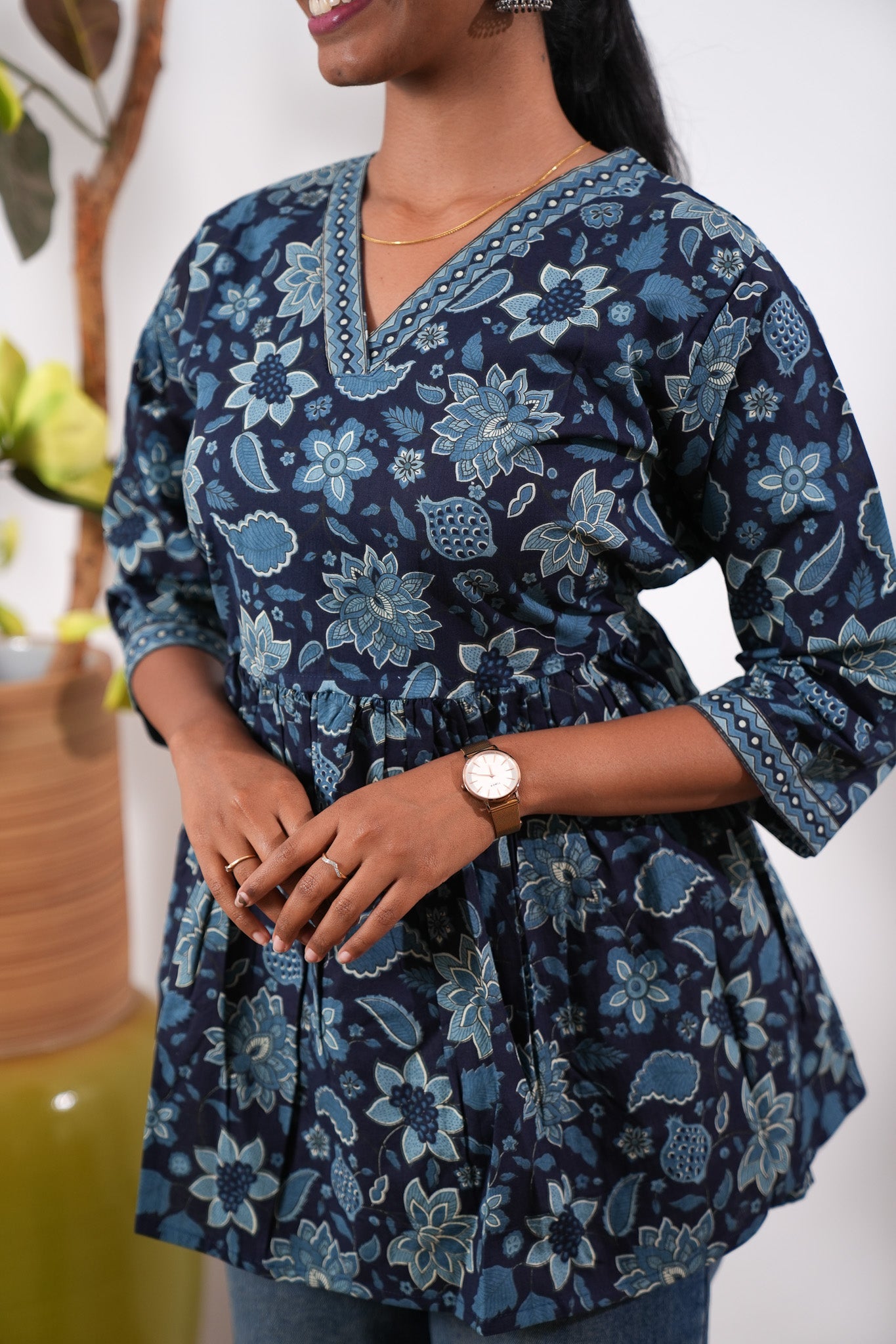 Peplum cotton short kurti - Blue flora
