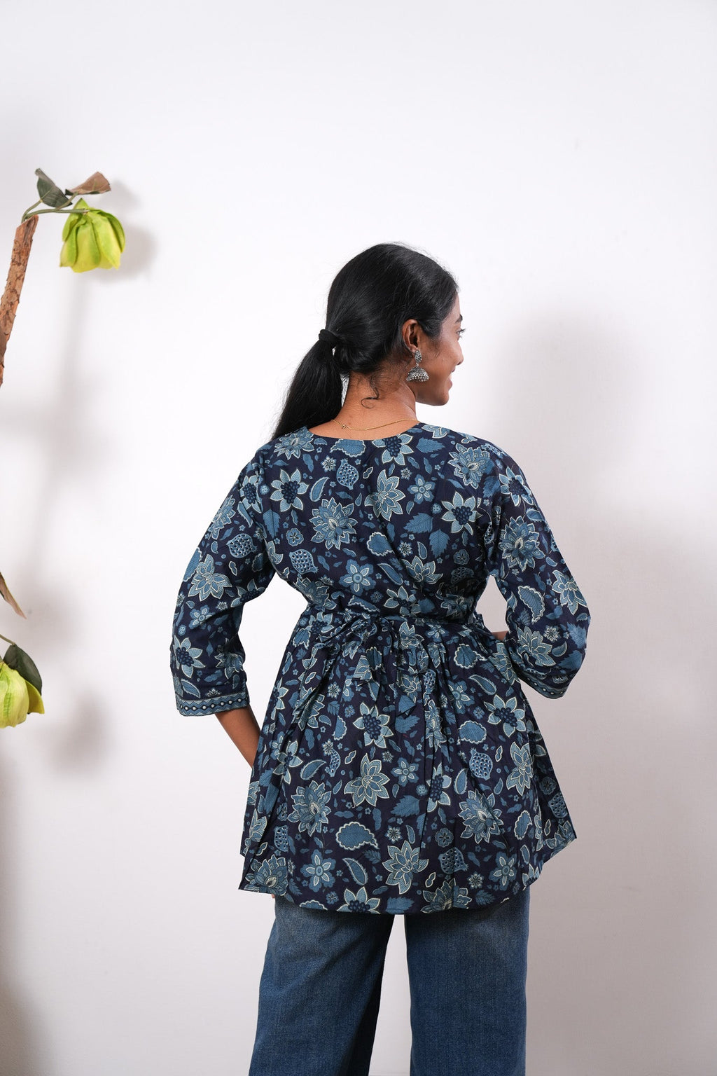 Peplum cotton short kurti - Blue flora