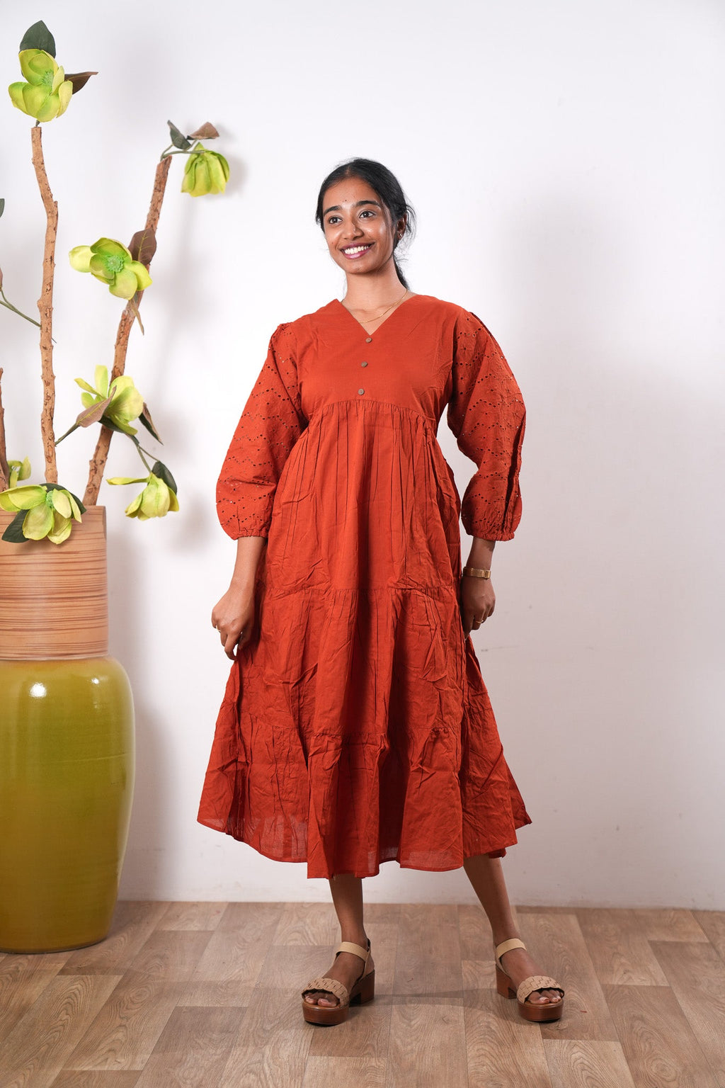 Tangerine cotton midi dress