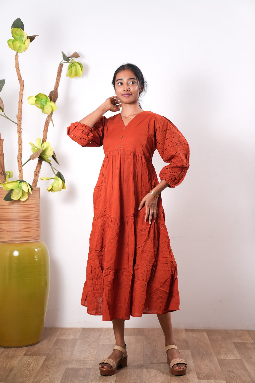Tangerine cotton midi dress