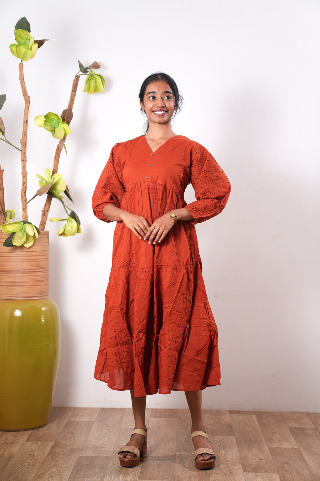 Tangerine cotton midi dress