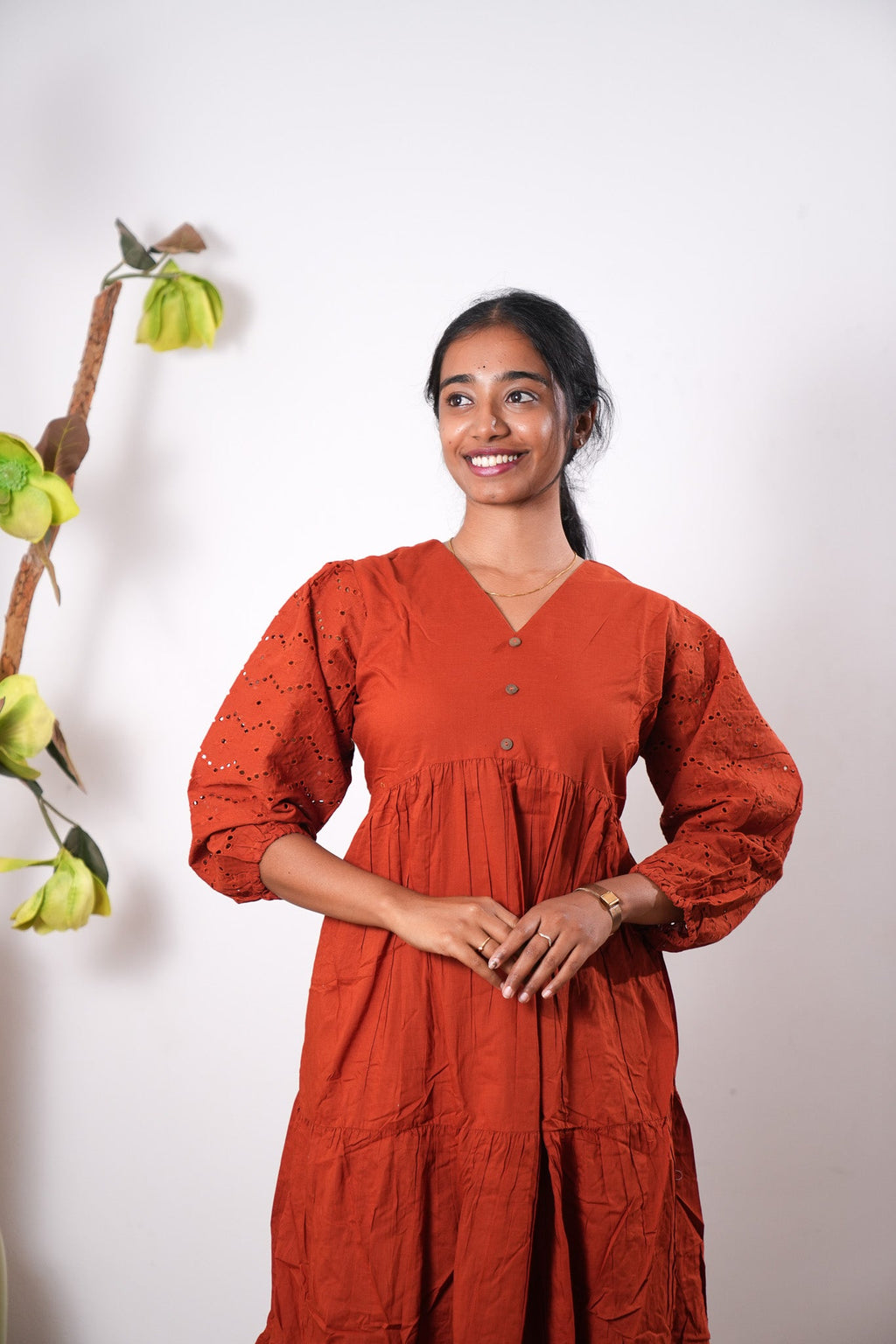 Tangerine cotton midi dress