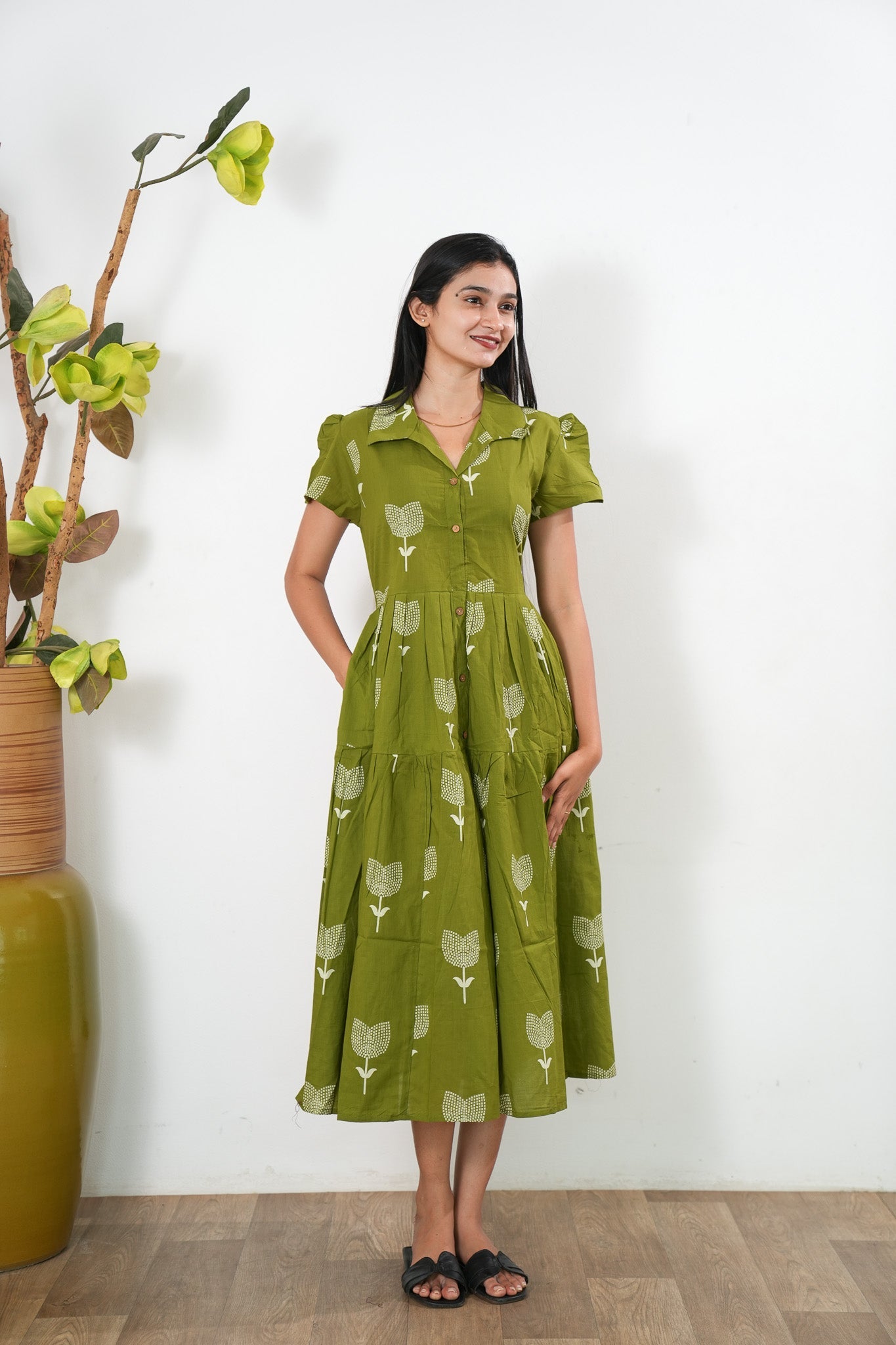 Lime green cotton button down shirt dress