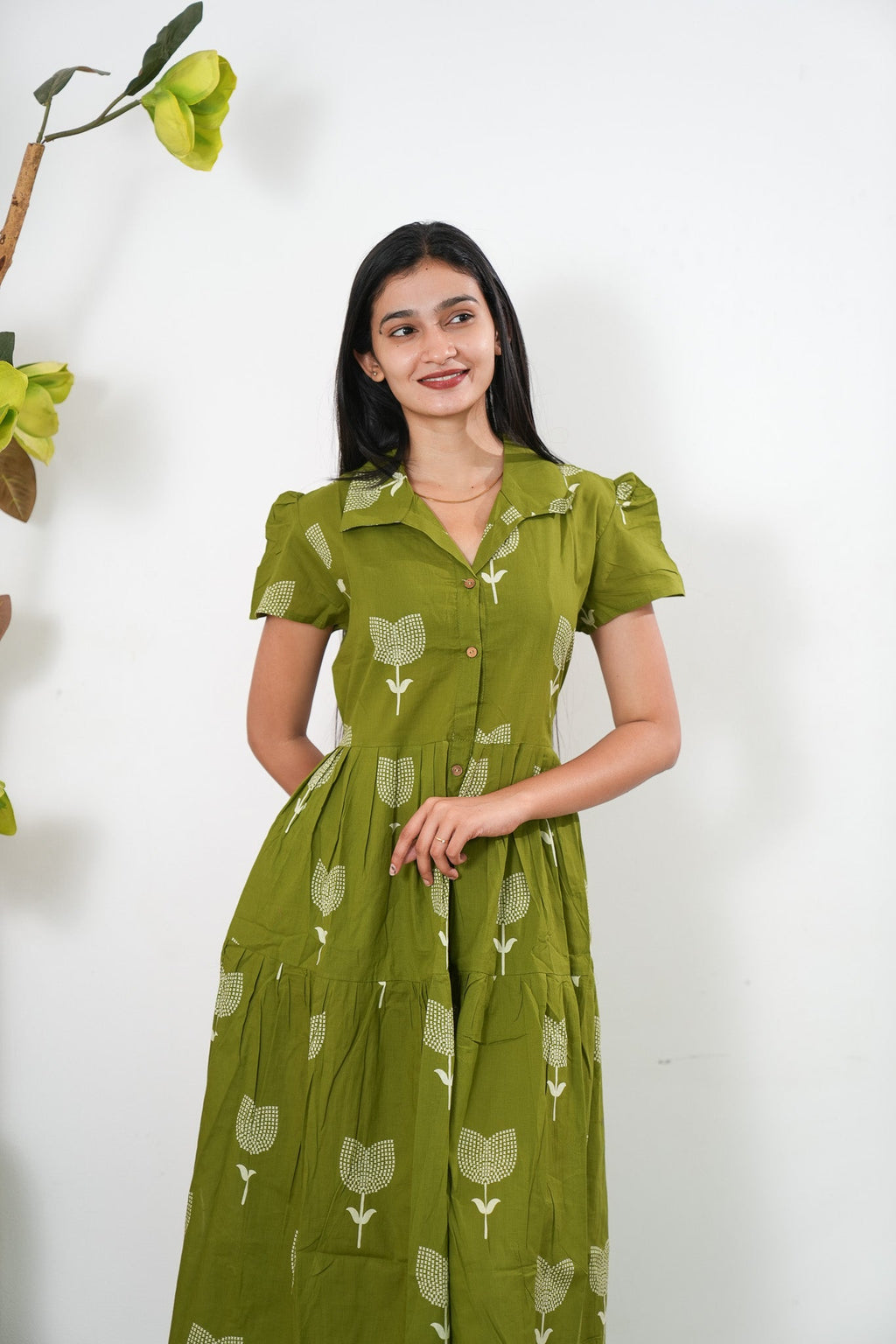 Lime green cotton button down shirt dress