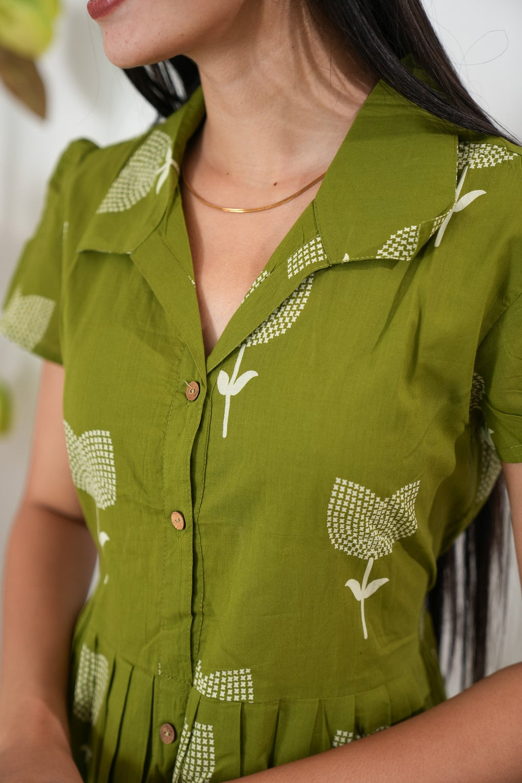 Lime green cotton button down shirt dress