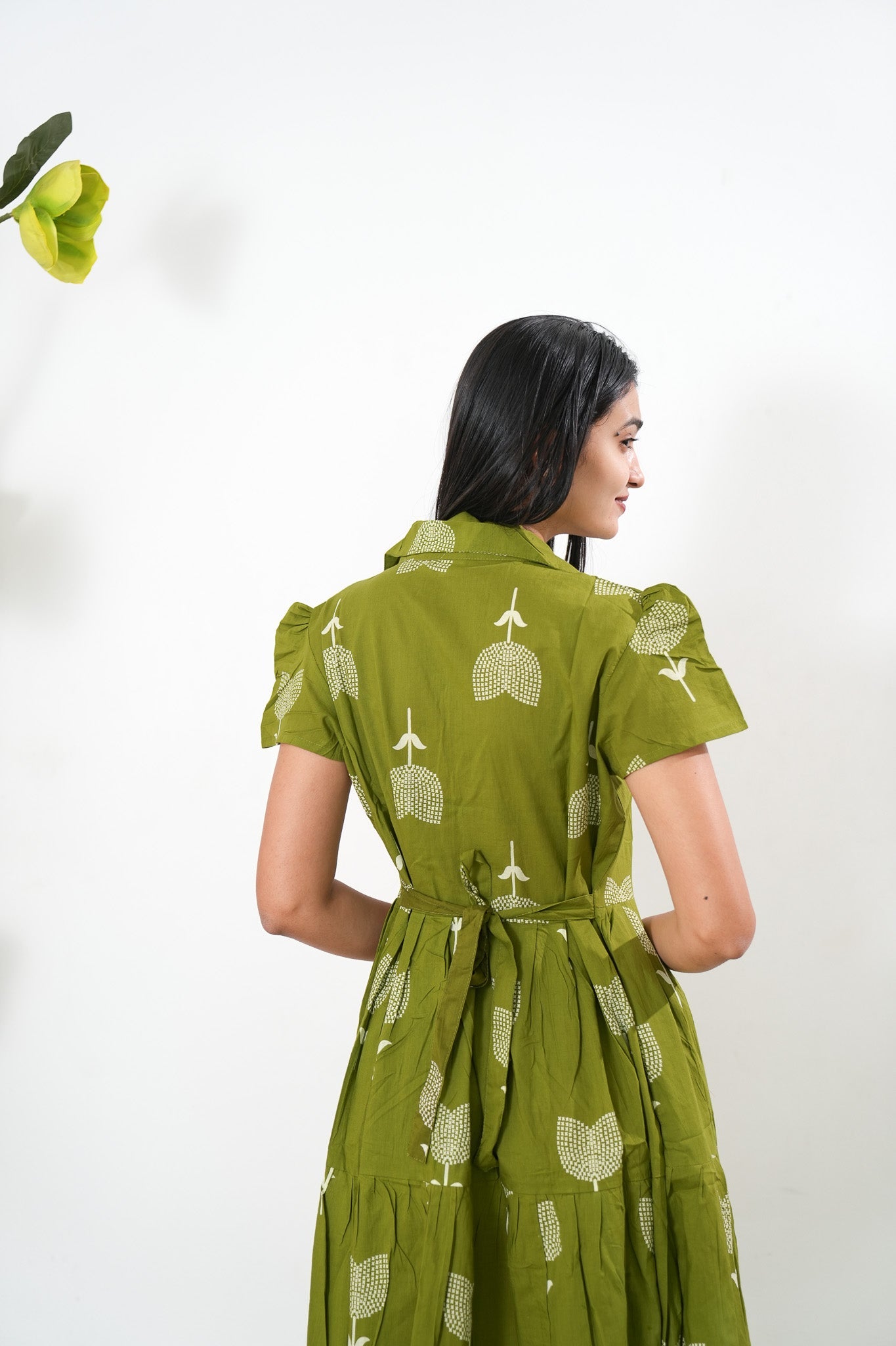 Lime green cotton button down shirt dress