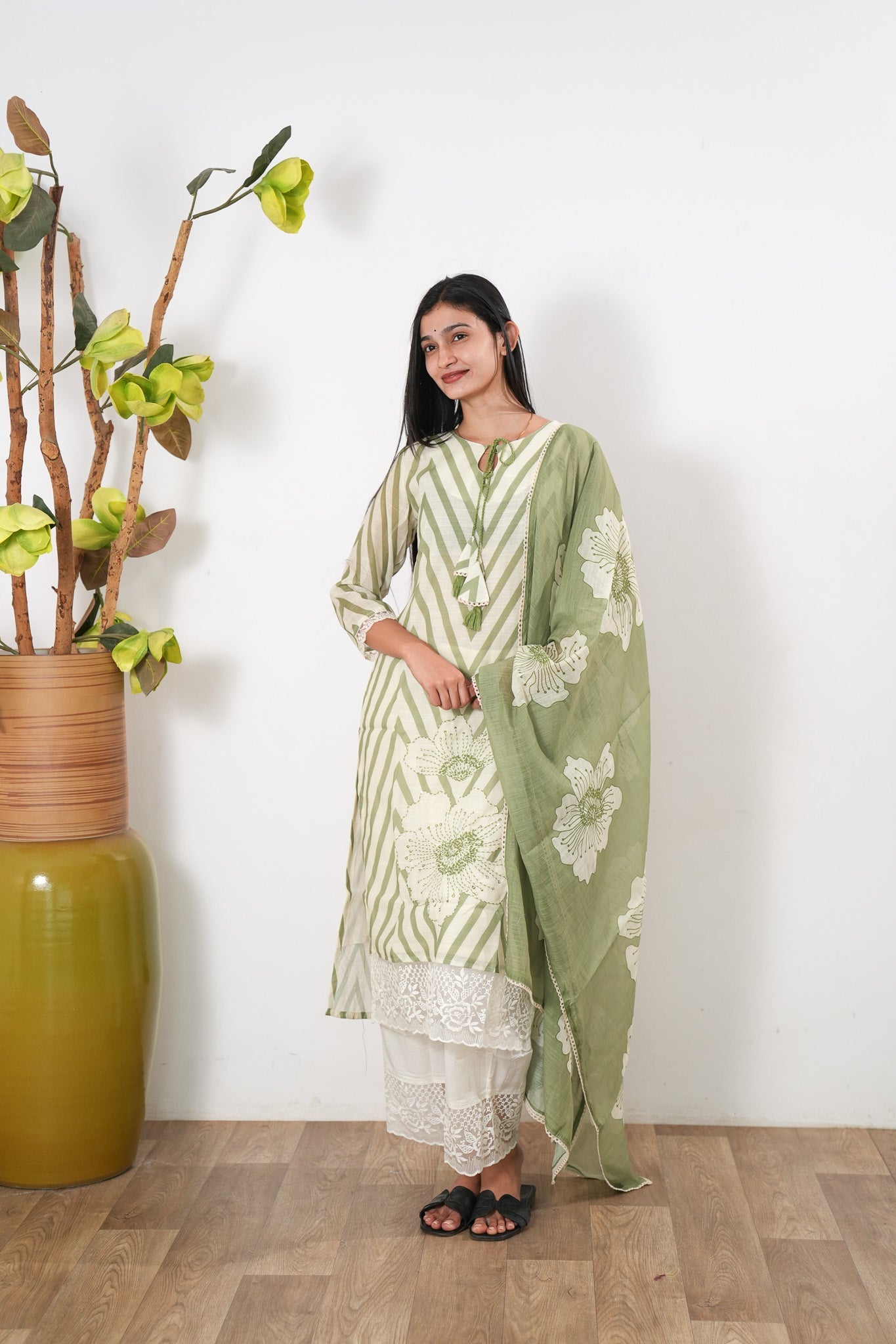Pastel green stripes linen suit set
