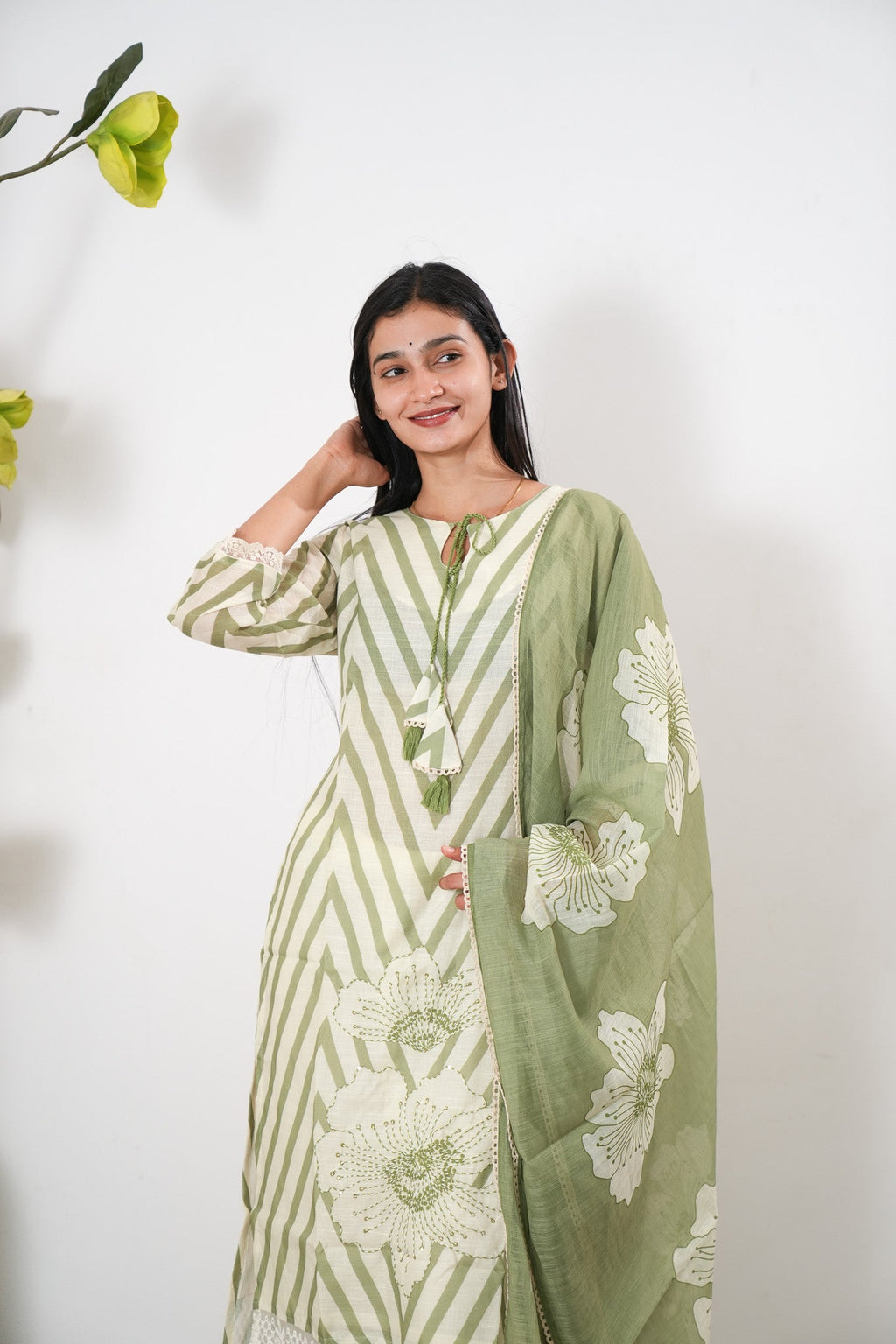Pastel green stripes linen suit set
