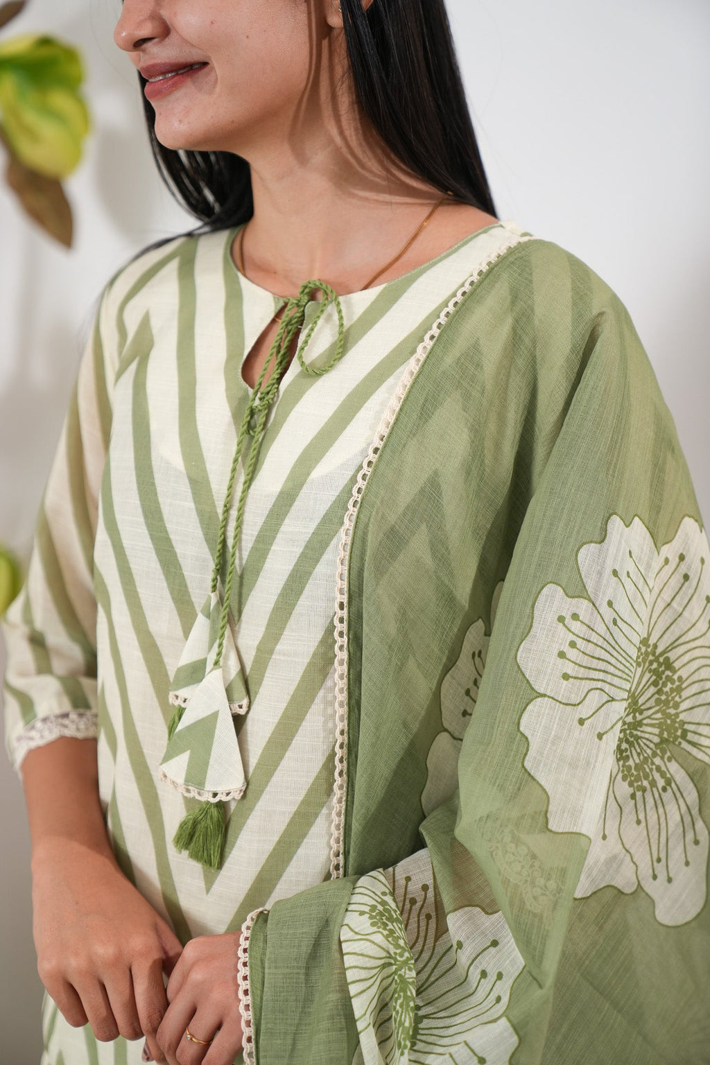 Pastel green stripes linen suit set