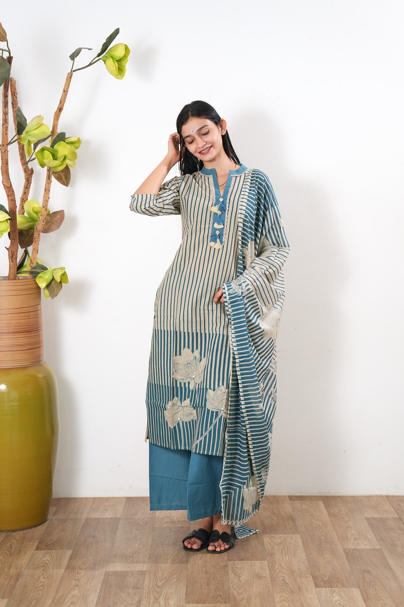 Blue stripes cotton suit set