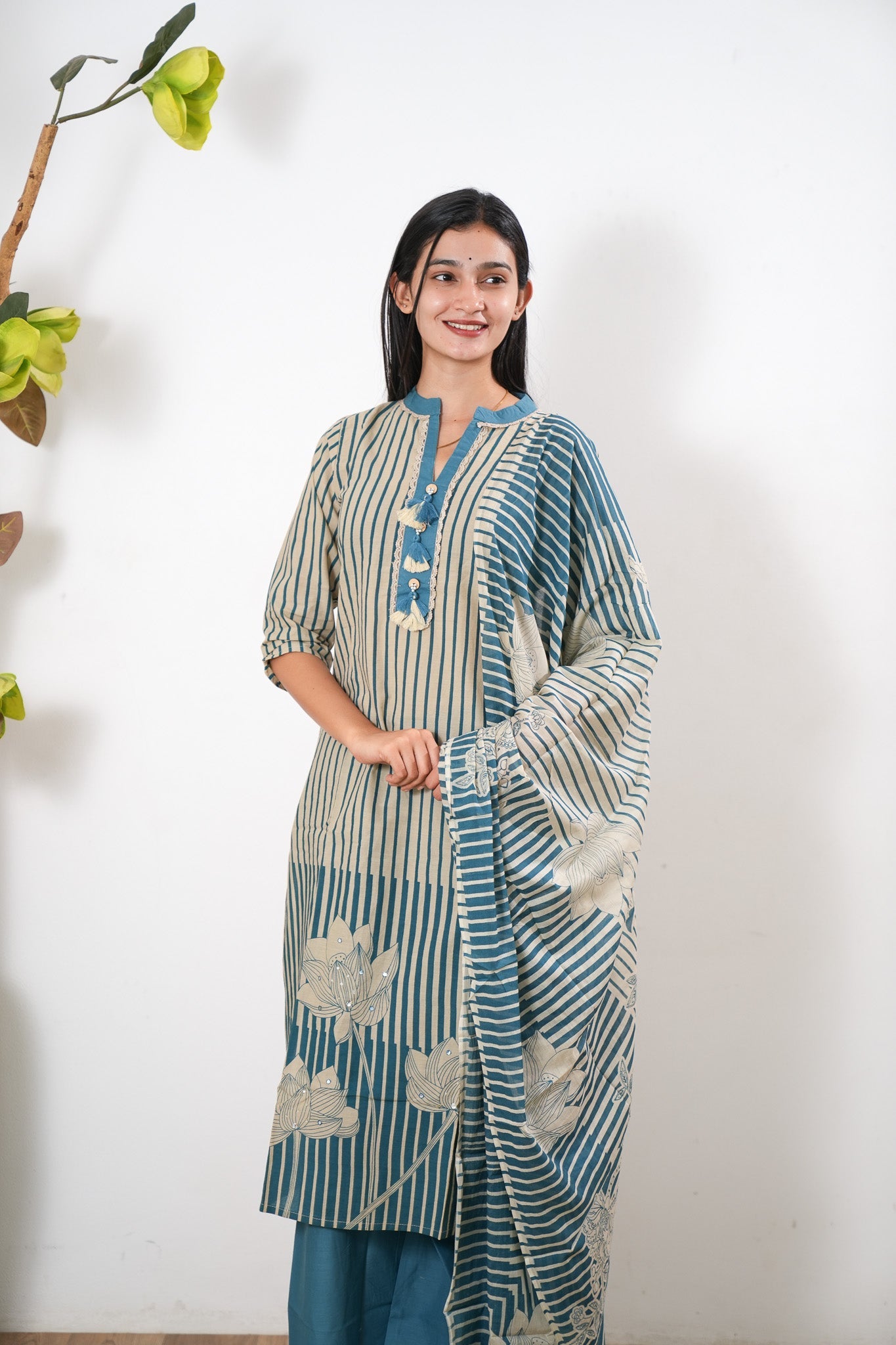 Blue stripes cotton suit set