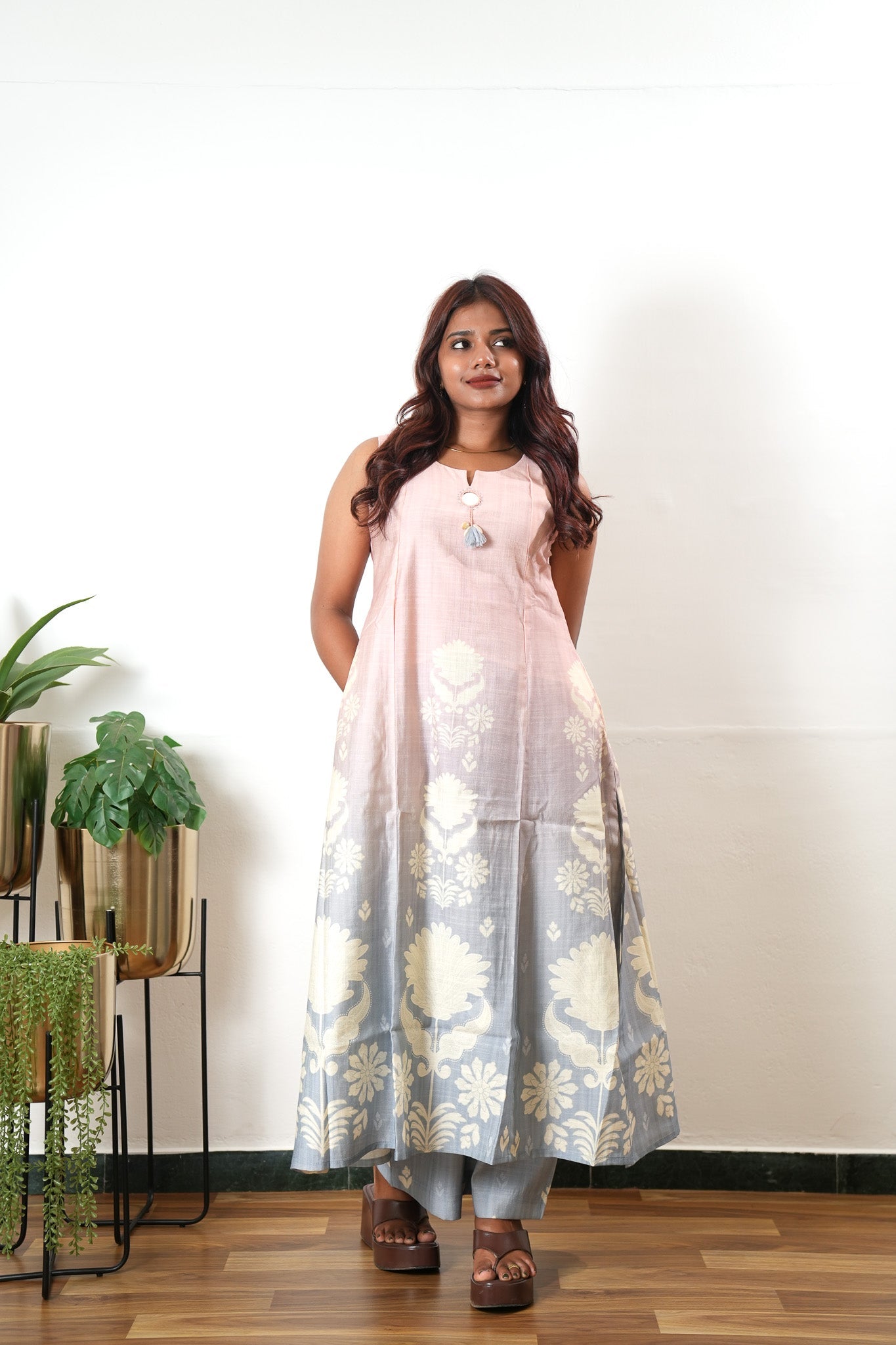 Coral gradient mul cotton co-ords set(attached sleeves)