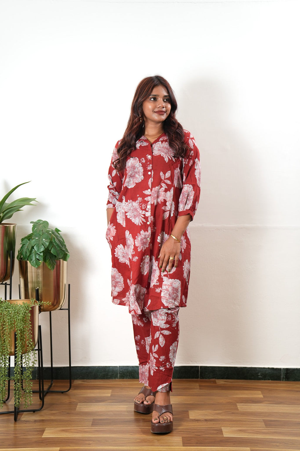 Deep red cotton shirt co-ords set