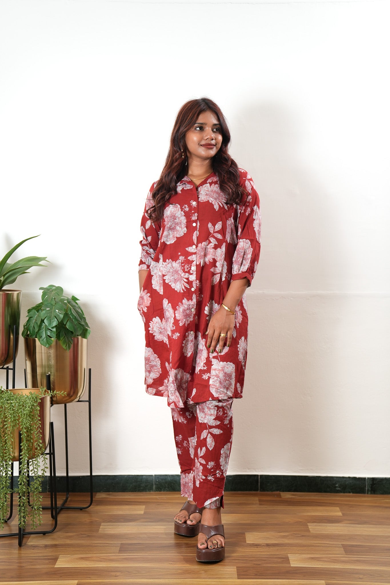 Deep red cotton shirt co-ords set