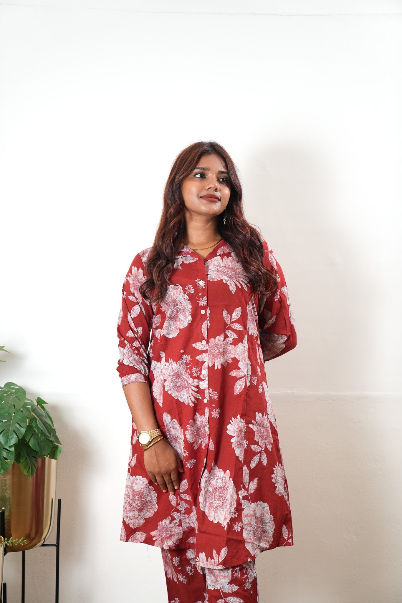 Deep red cotton shirt co-ords set