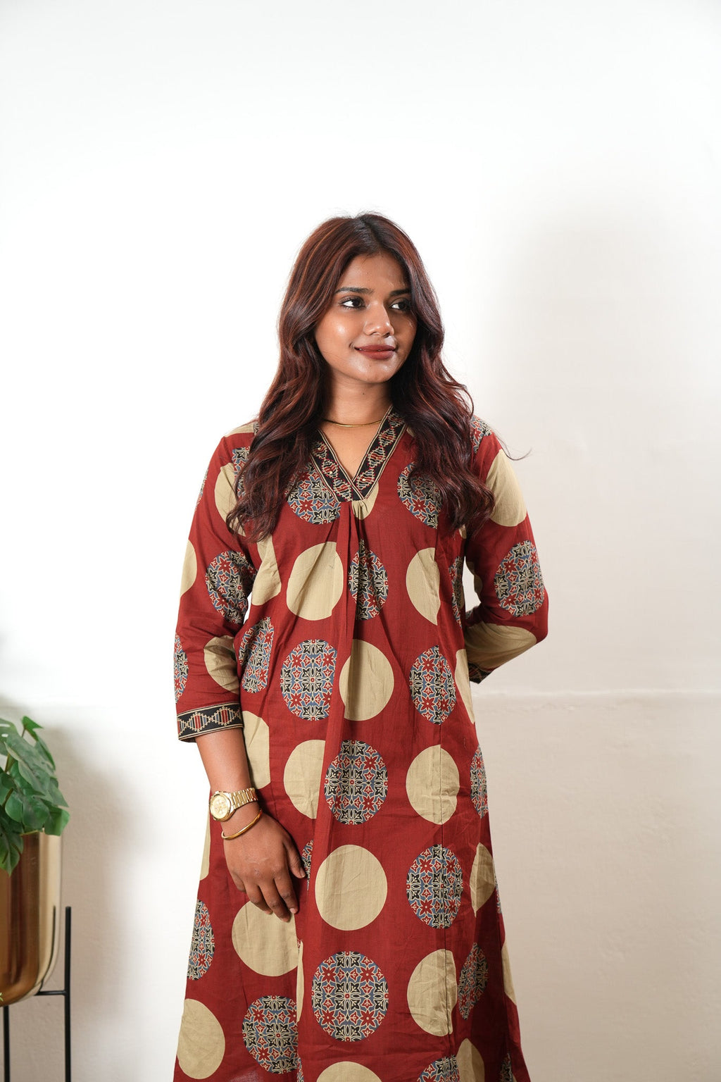 Brick red butta V neck cotton co-ords set