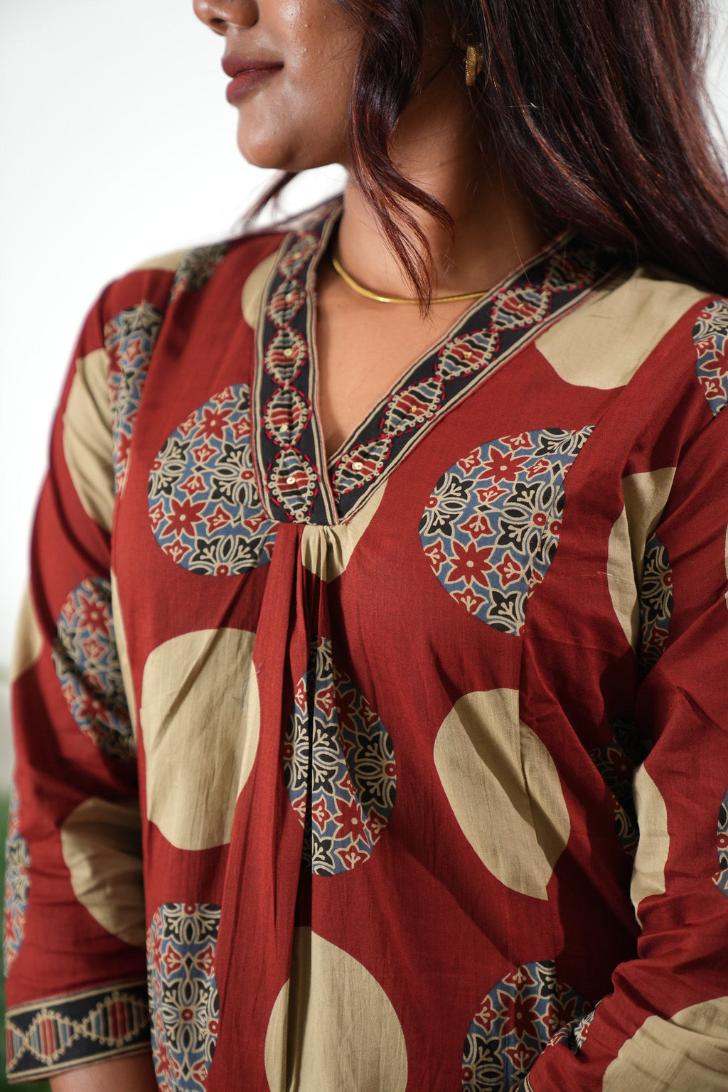 Brick red butta V neck cotton co-ords set