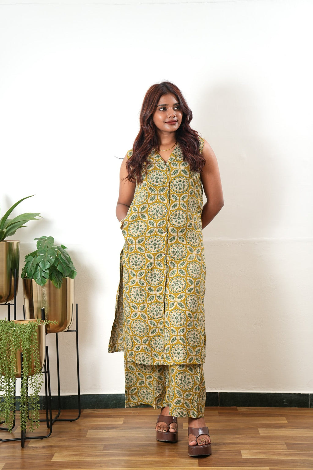Mustard shirt cotton co-ords set(attached sleeves)