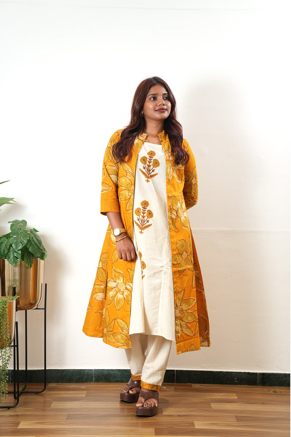 Mustard floral overcoat cotton co-ords set