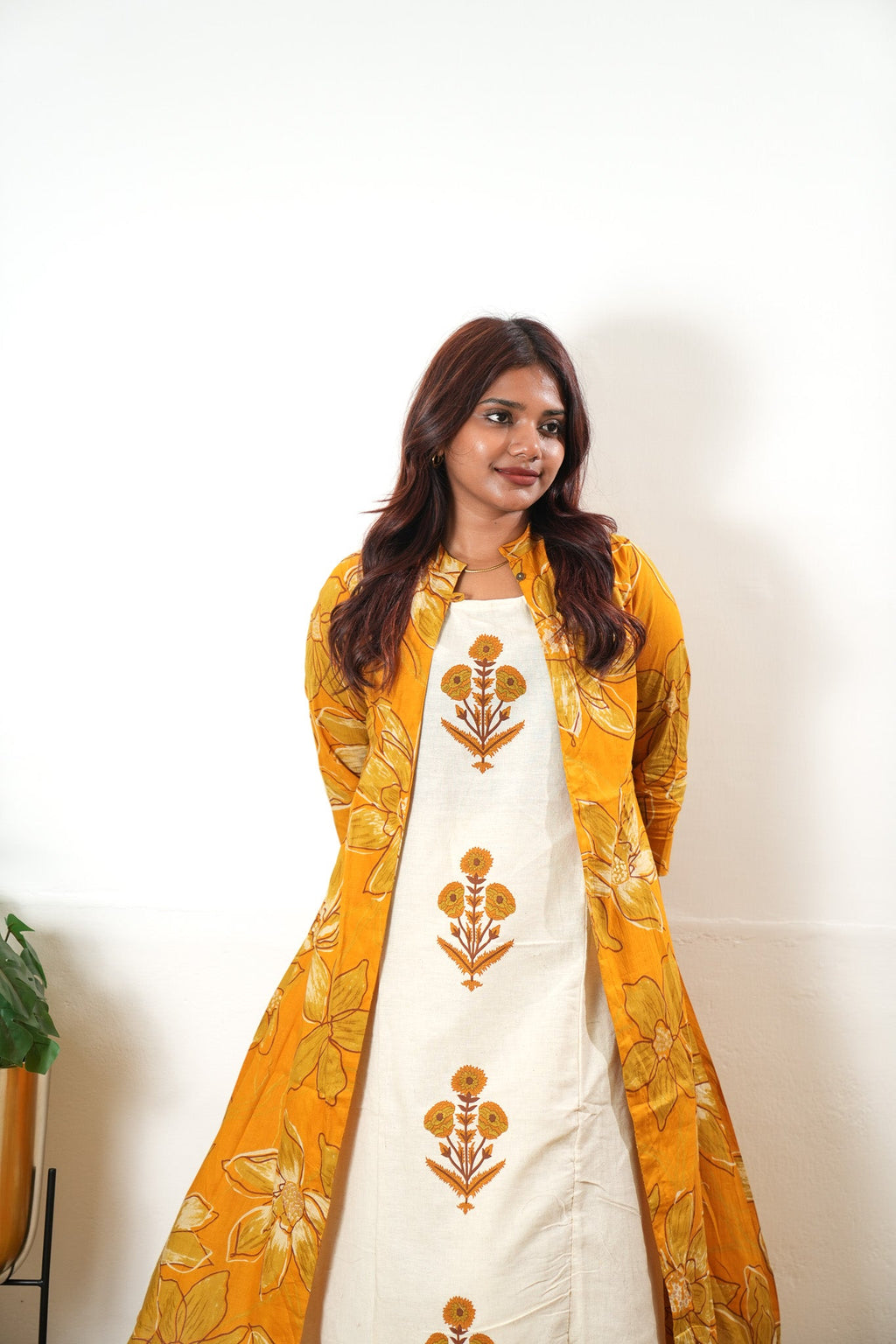Mustard floral overcoat cotton co-ords set